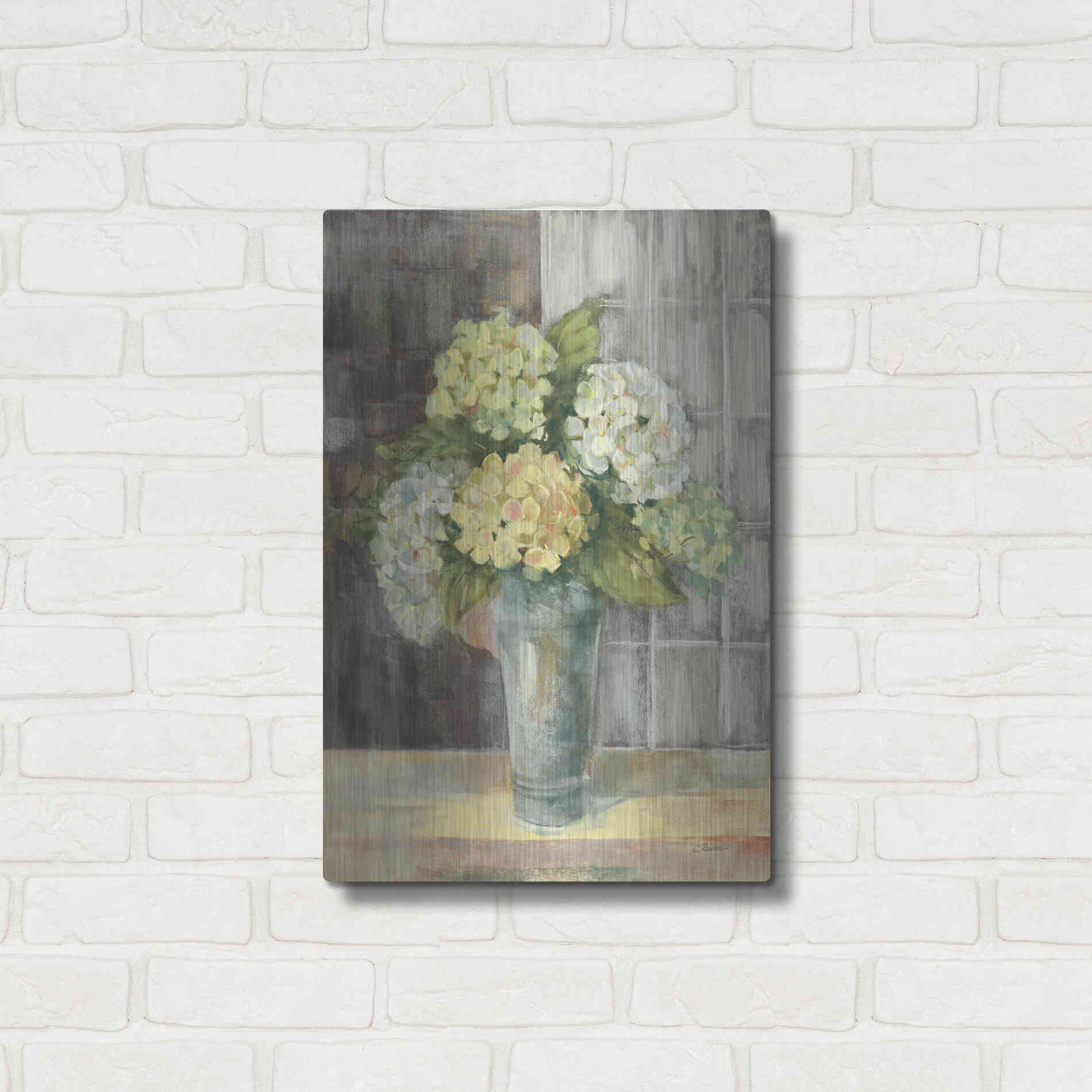 Luxe Metal Art 'Yellow Hydrangea Gray' by Carol Rowan, Metal Wall Art,16x24