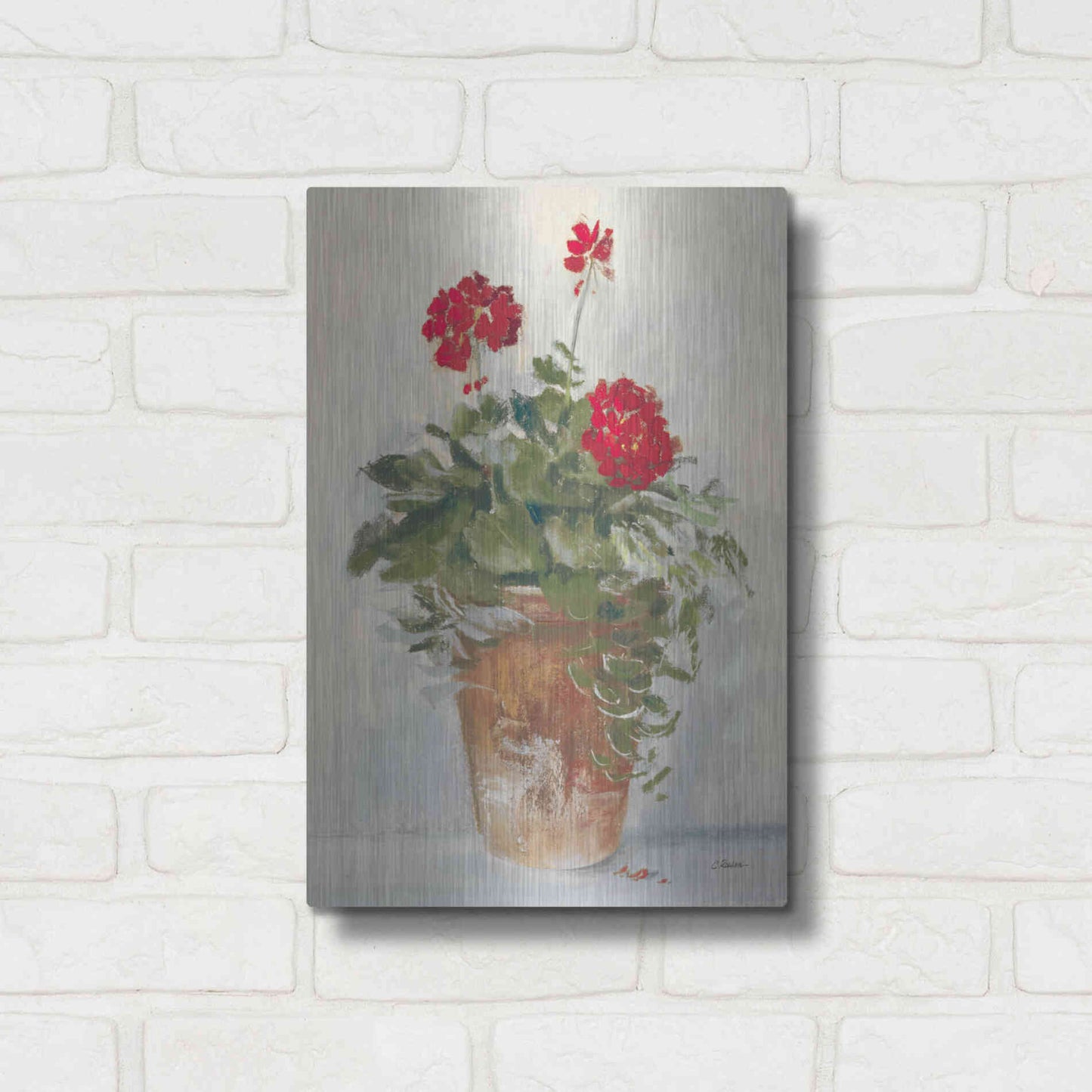 Luxe Metal Art 'Potted Geraniums II Light' by Carol Rowan, Metal Wall Art,12x16