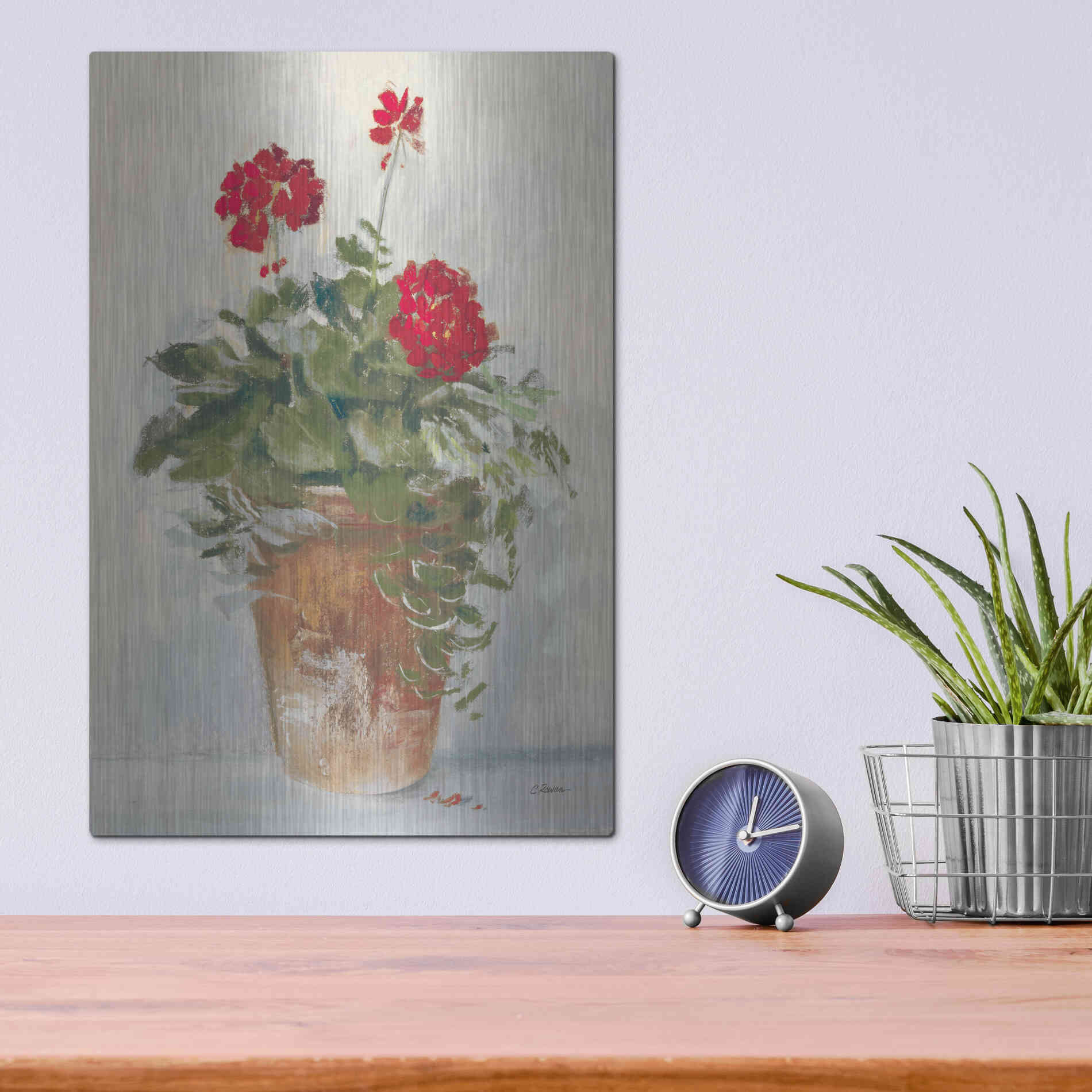 Luxe Metal Art 'Potted Geraniums II Light' by Carol Rowan, Metal Wall Art,12x16