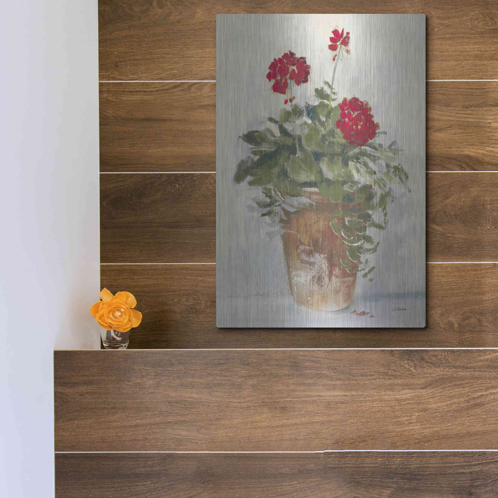 Luxe Metal Art 'Potted Geraniums II Light' by Carol Rowan, Metal Wall Art,12x16