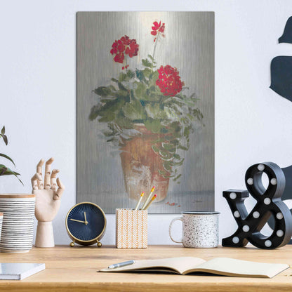 Luxe Metal Art 'Potted Geraniums II Light' by Carol Rowan, Metal Wall Art,12x16