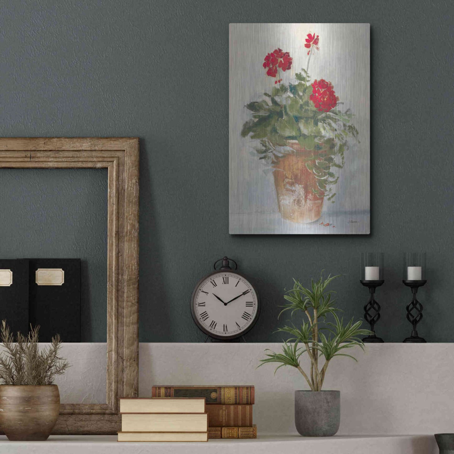 Luxe Metal Art 'Potted Geraniums II Light' by Carol Rowan, Metal Wall Art,12x16