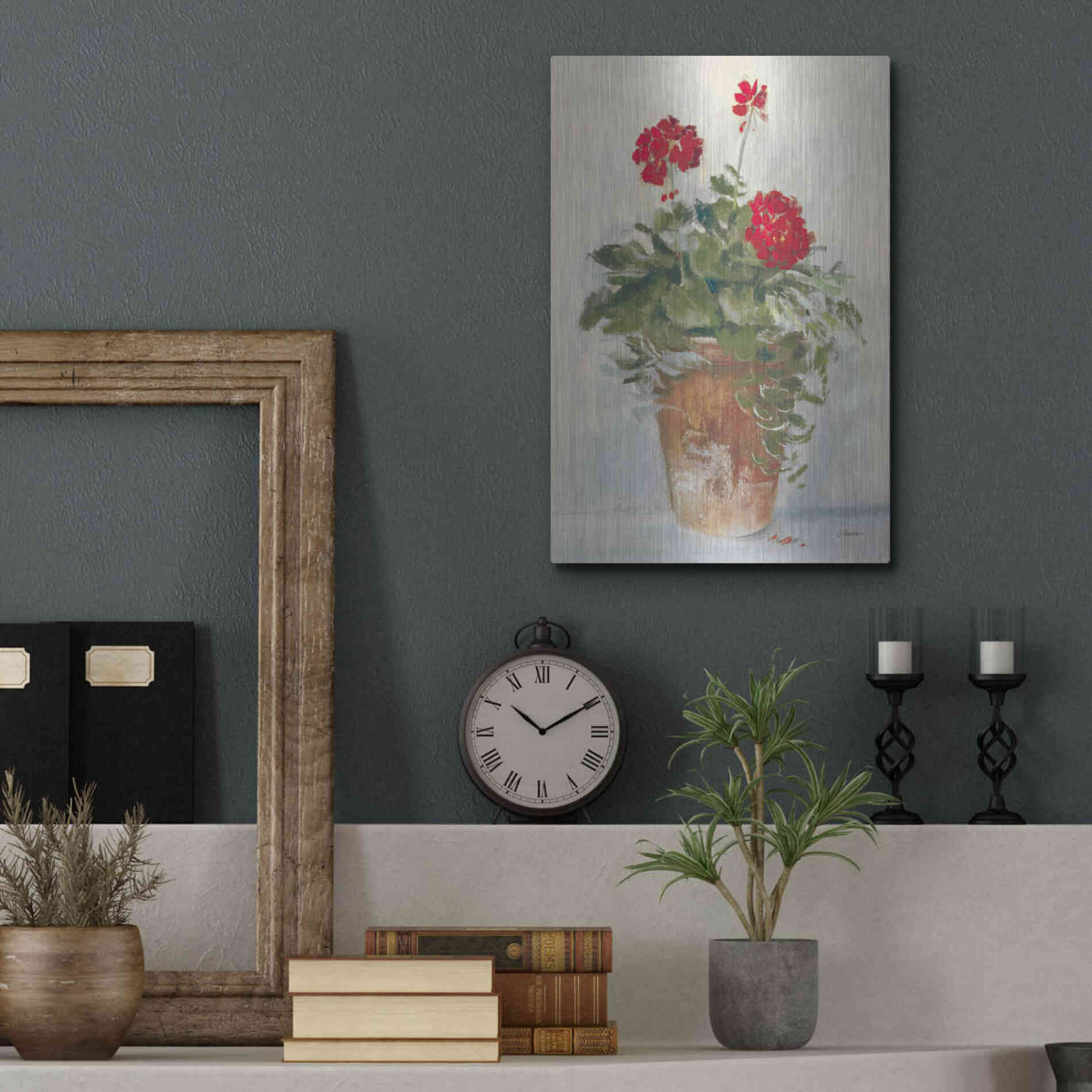 Luxe Metal Art 'Potted Geraniums II Light' by Carol Rowan, Metal Wall Art,12x16