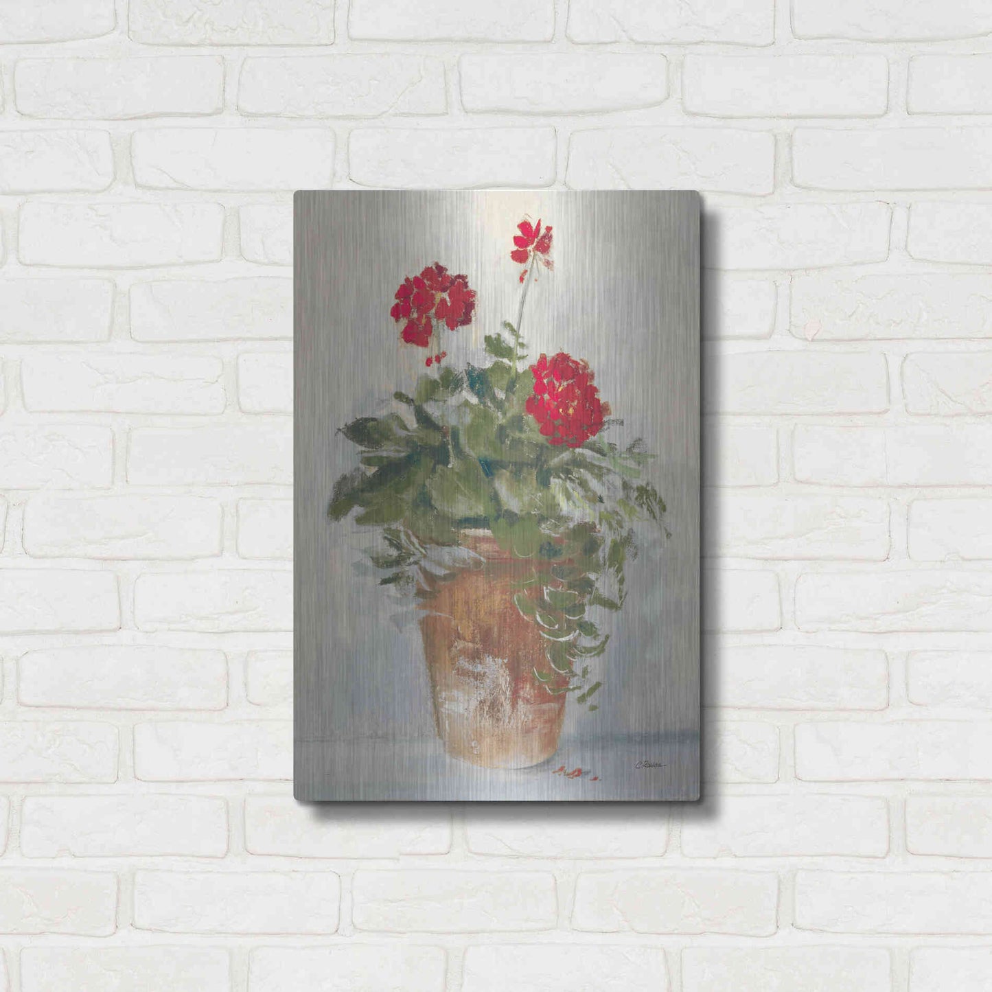 Luxe Metal Art 'Potted Geraniums II Light' by Carol Rowan, Metal Wall Art,16x24