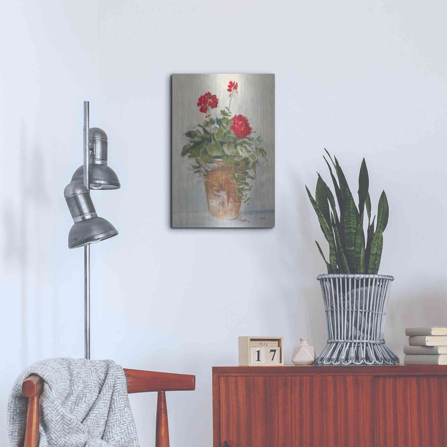 Luxe Metal Art 'Potted Geraniums II Light' by Carol Rowan, Metal Wall Art,16x24