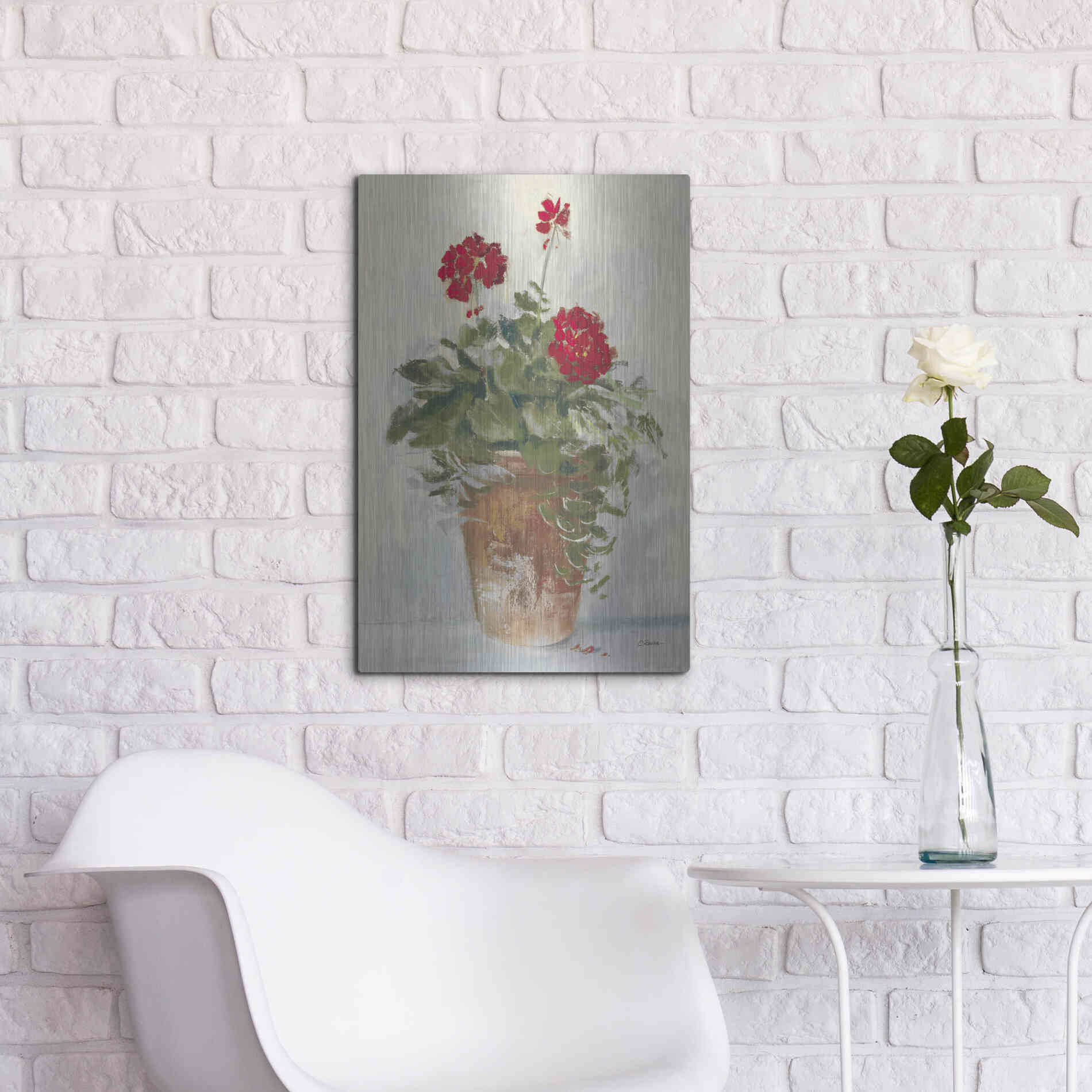 Luxe Metal Art 'Potted Geraniums II Light' by Carol Rowan, Metal Wall Art,16x24