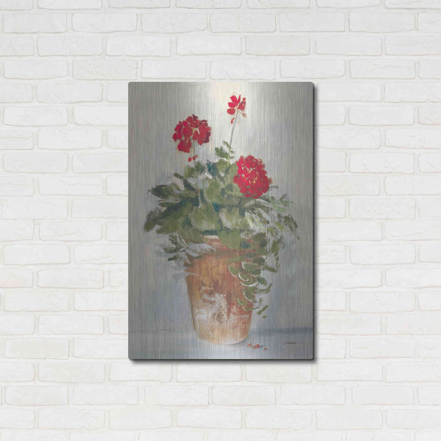 Luxe Metal Art 'Potted Geraniums II Light' by Carol Rowan, Metal Wall Art,24x36