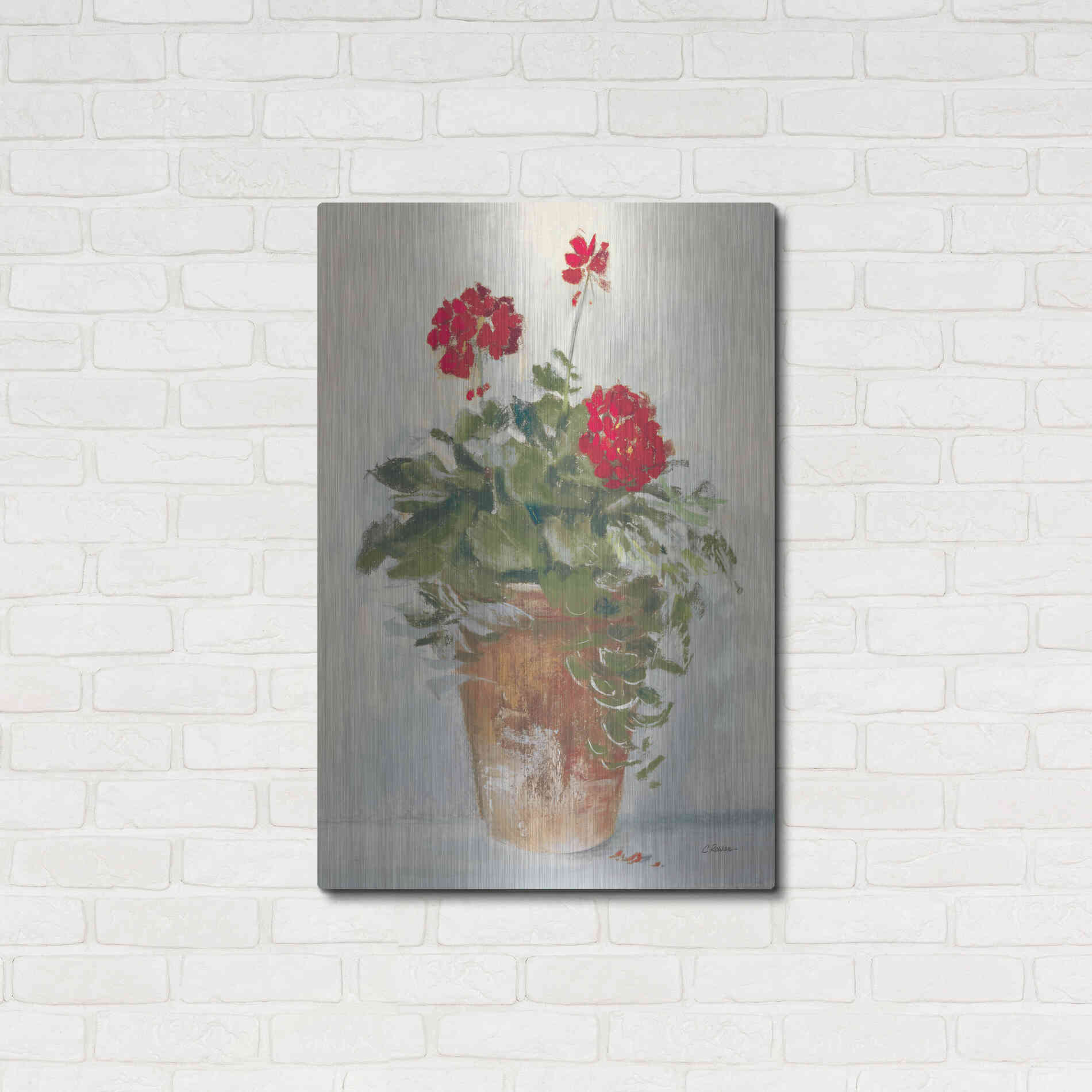 Luxe Metal Art 'Potted Geraniums II Light' by Carol Rowan, Metal Wall Art,24x36