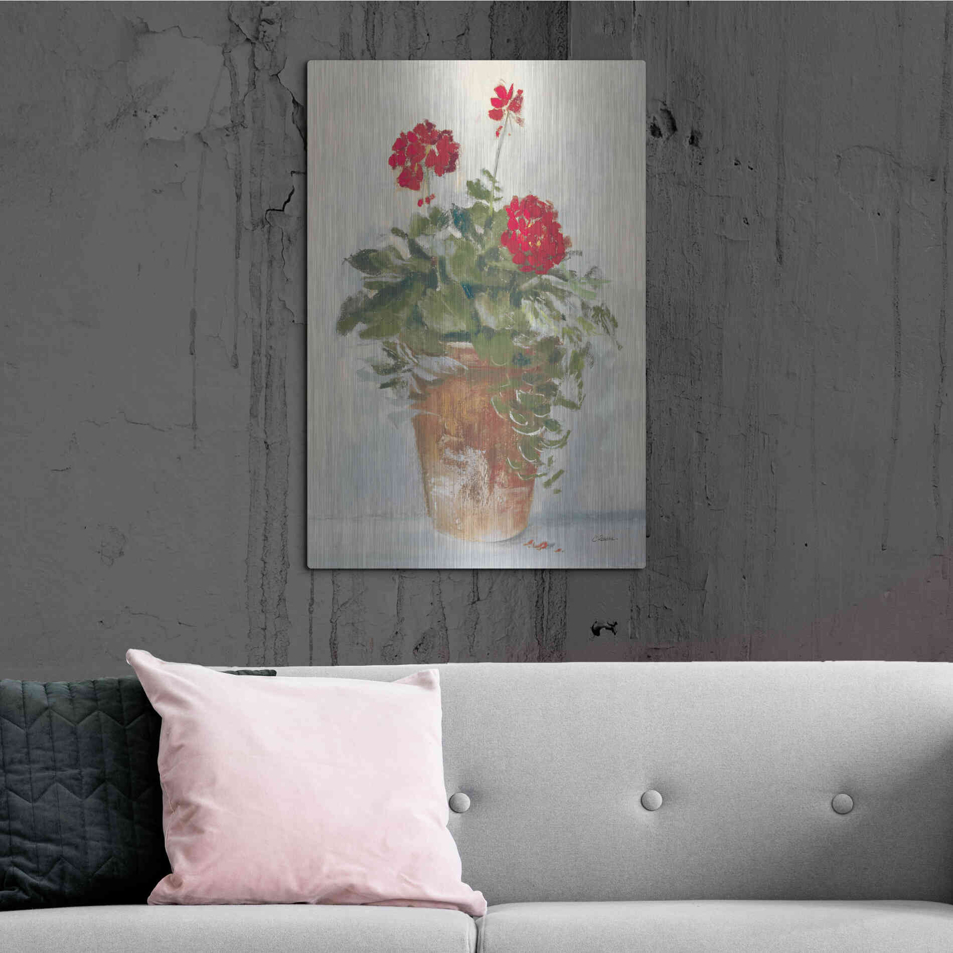 Luxe Metal Art 'Potted Geraniums II Light' by Carol Rowan, Metal Wall Art,24x36