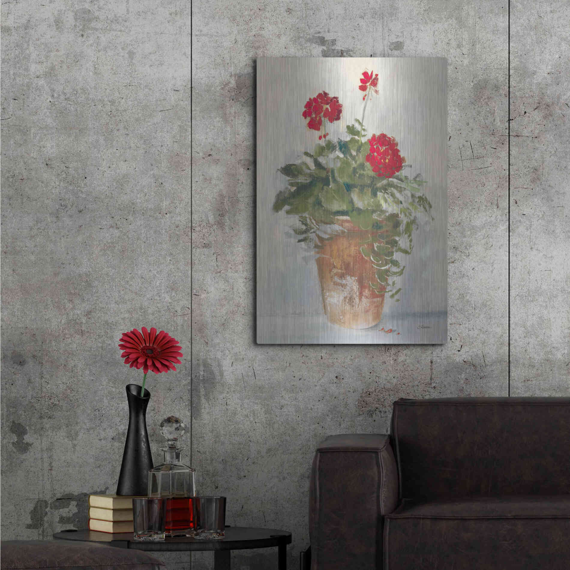 Luxe Metal Art 'Potted Geraniums II Light' by Carol Rowan, Metal Wall Art,24x36
