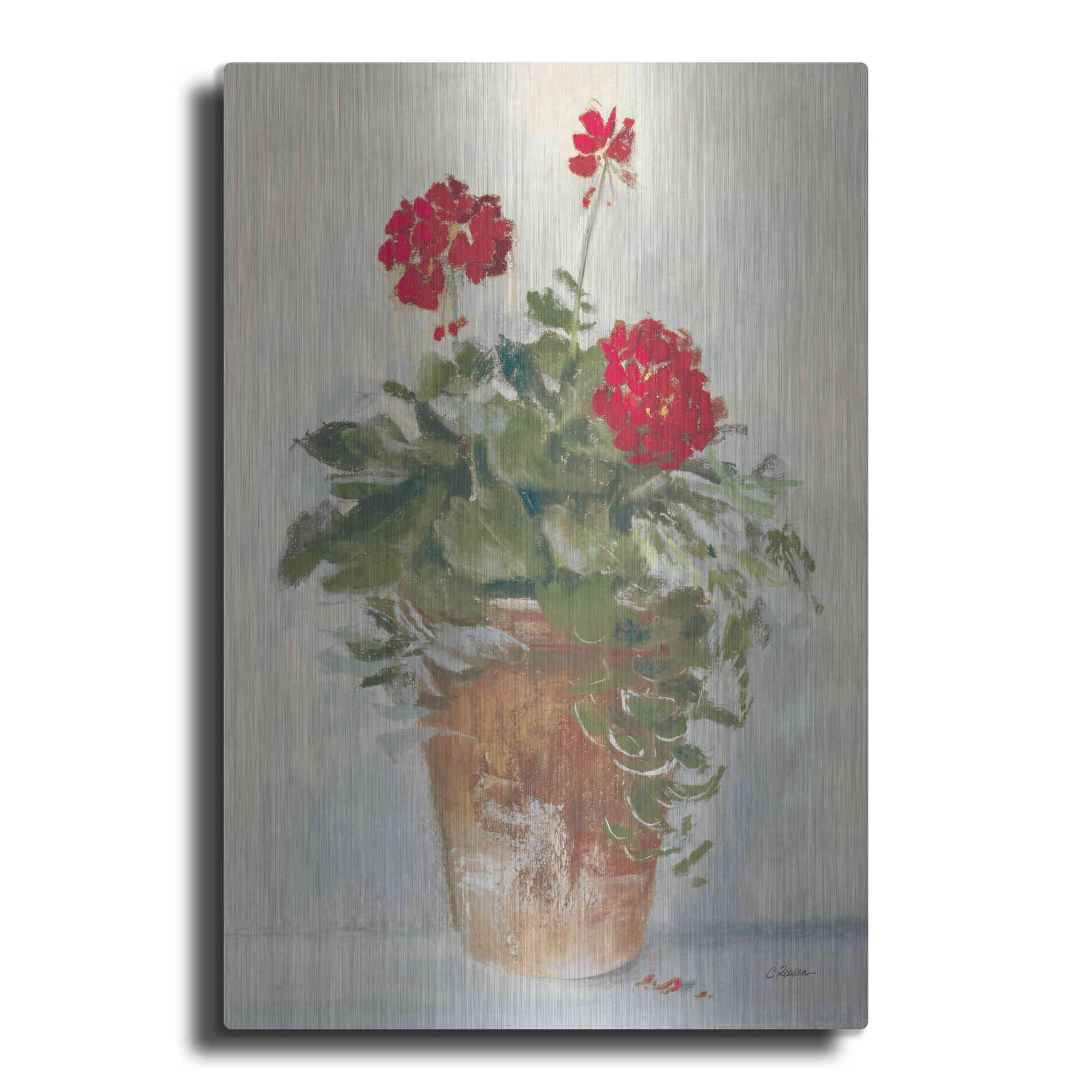 Luxe Metal Art 'Potted Geraniums II Light' by Carol Rowan, Metal Wall Art