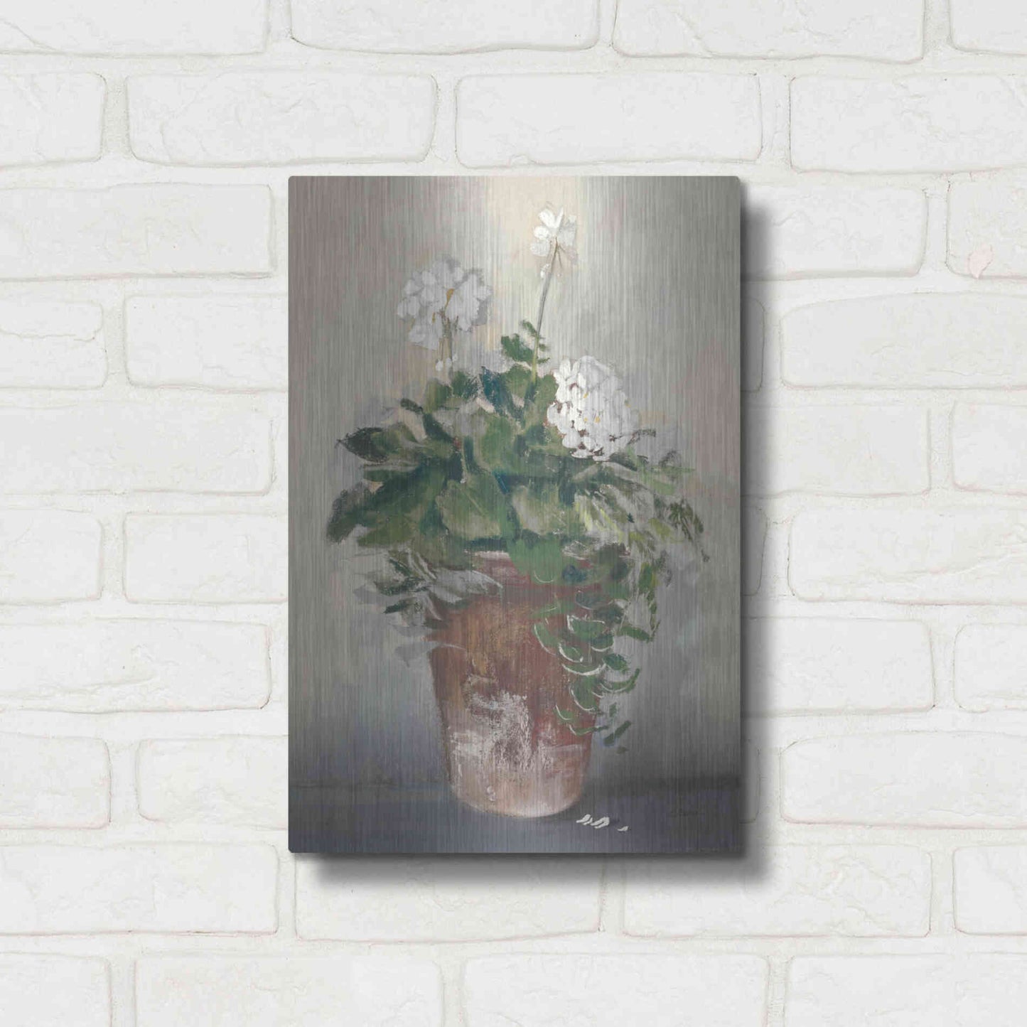 Luxe Metal Art 'Pot Of White Geraniums' by Carol Rowan, Metal Wall Art,12x16