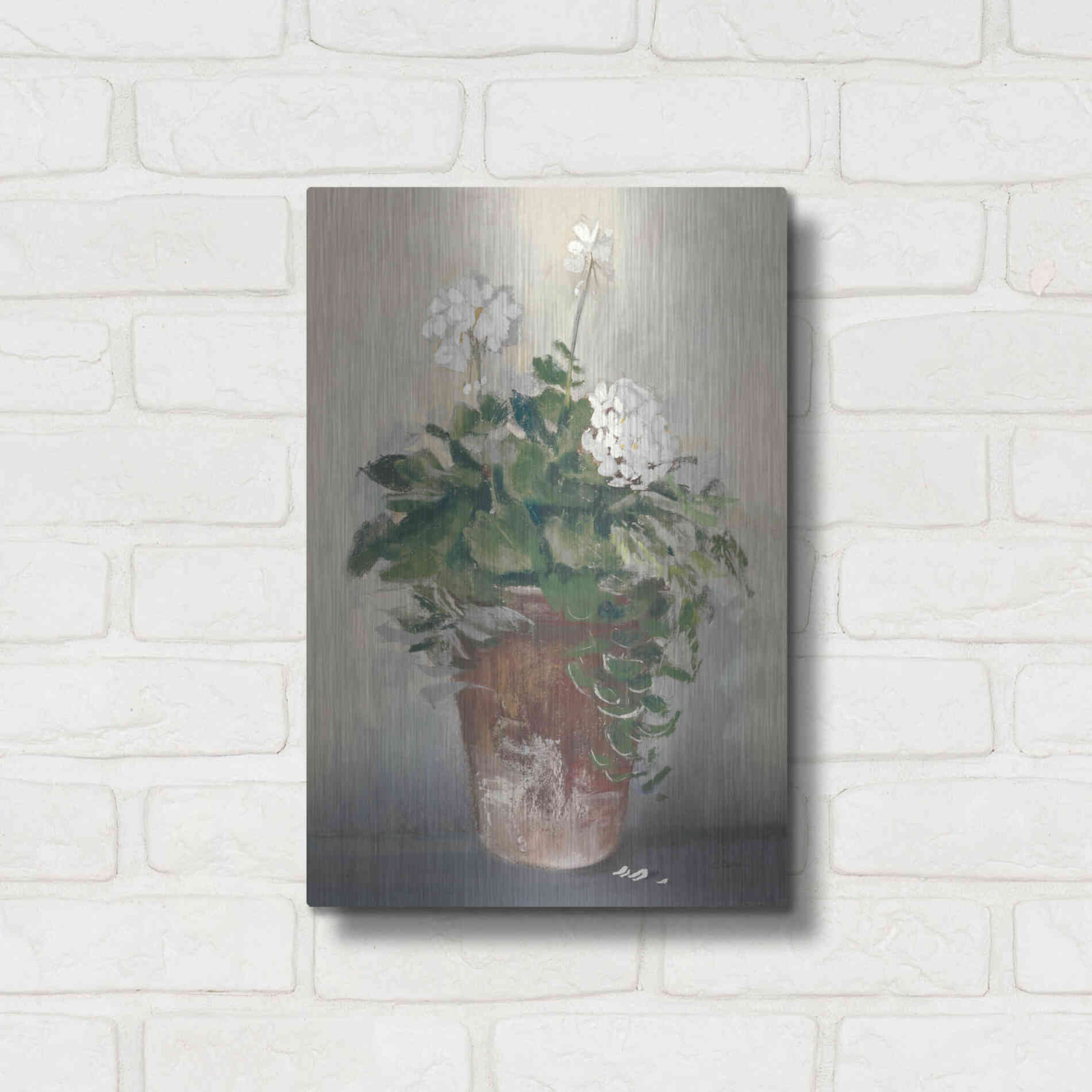 Luxe Metal Art 'Pot Of White Geraniums' by Carol Rowan, Metal Wall Art,12x16