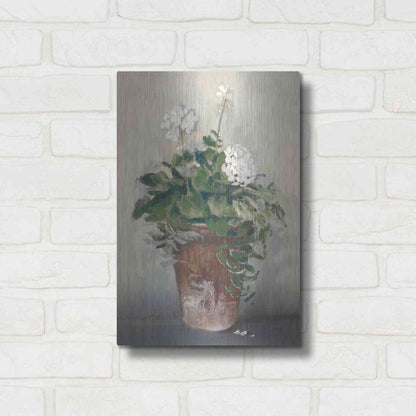 Luxe Metal Art 'Pot Of White Geraniums' by Carol Rowan, Metal Wall Art,12x16