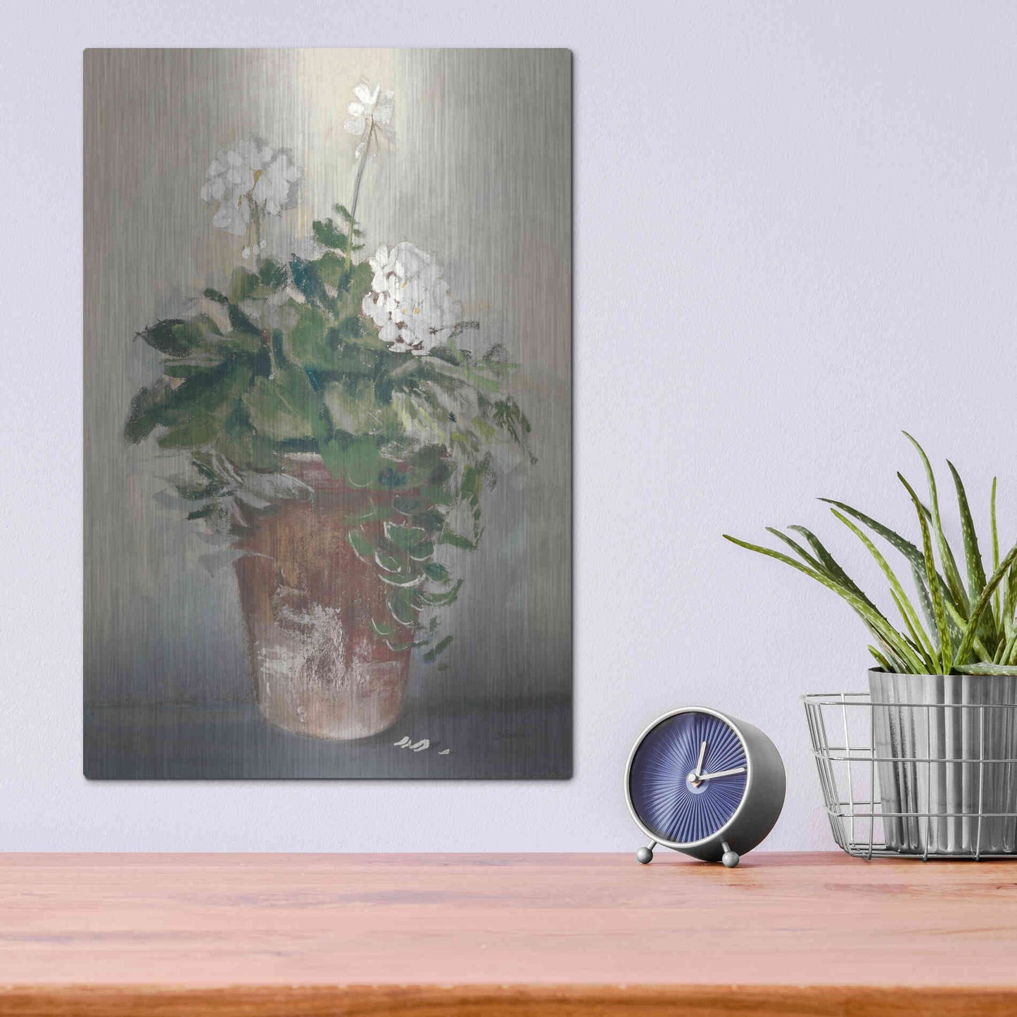 Luxe Metal Art 'Pot Of White Geraniums' by Carol Rowan, Metal Wall Art,12x16