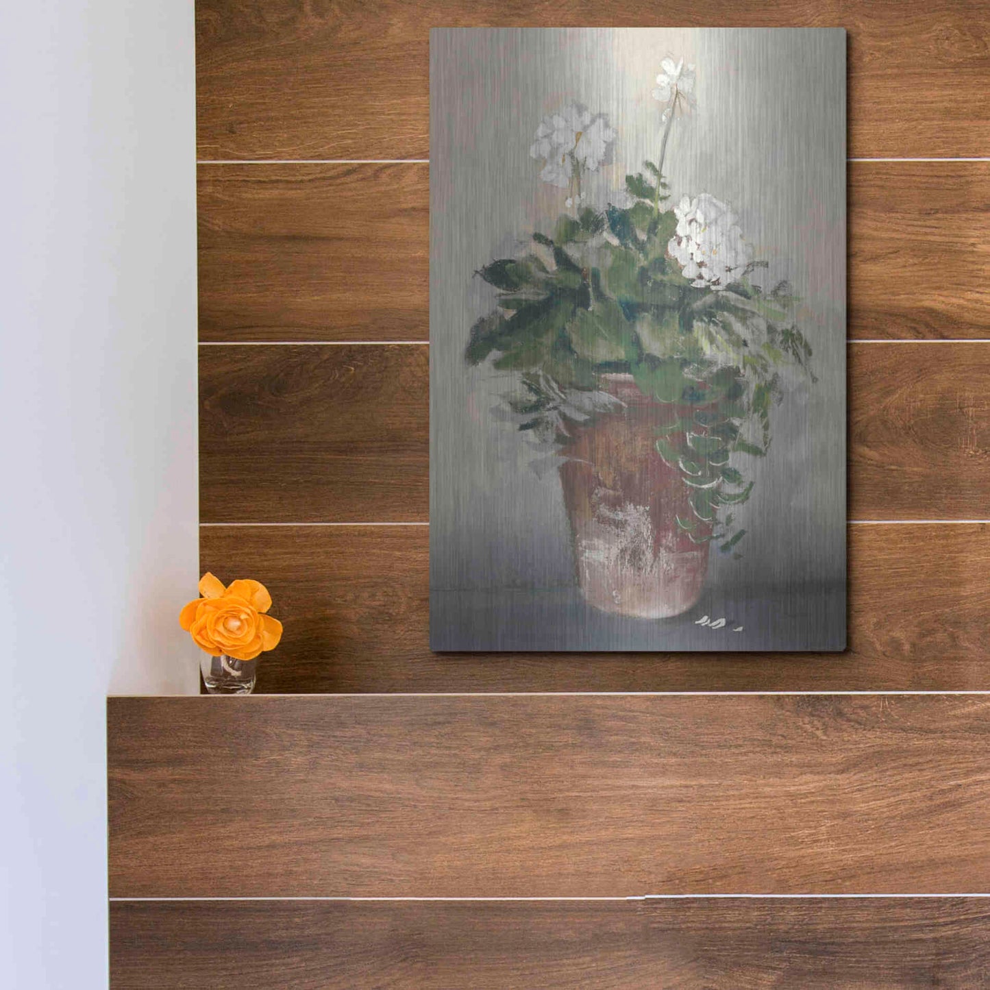 Luxe Metal Art 'Pot Of White Geraniums' by Carol Rowan, Metal Wall Art,12x16