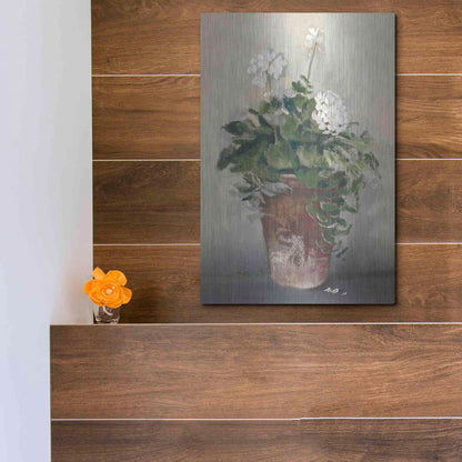 Luxe Metal Art 'Pot Of White Geraniums' by Carol Rowan, Metal Wall Art,12x16