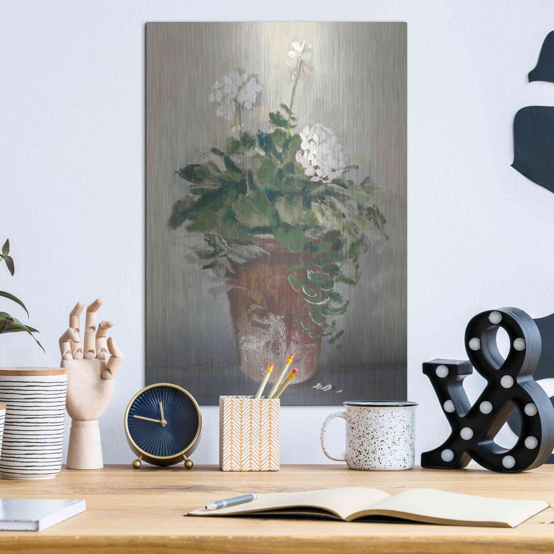 Luxe Metal Art 'Pot Of White Geraniums' by Carol Rowan, Metal Wall Art,12x16