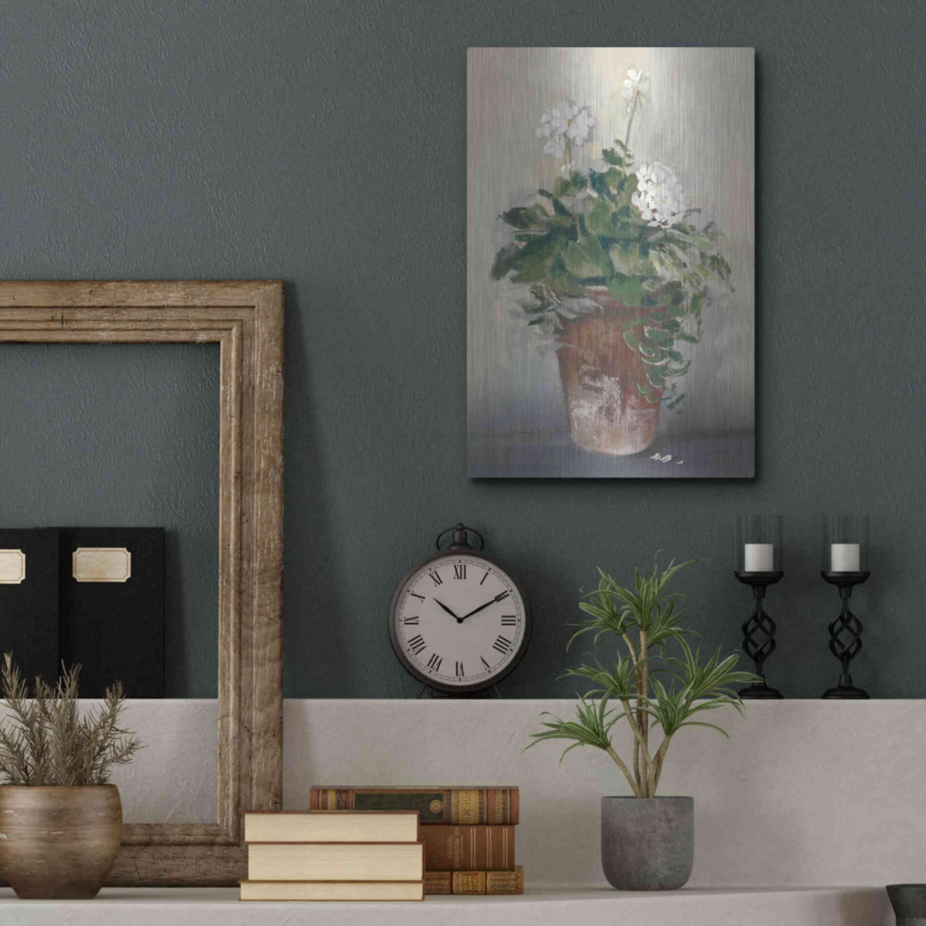 Luxe Metal Art 'Pot Of White Geraniums' by Carol Rowan, Metal Wall Art,12x16