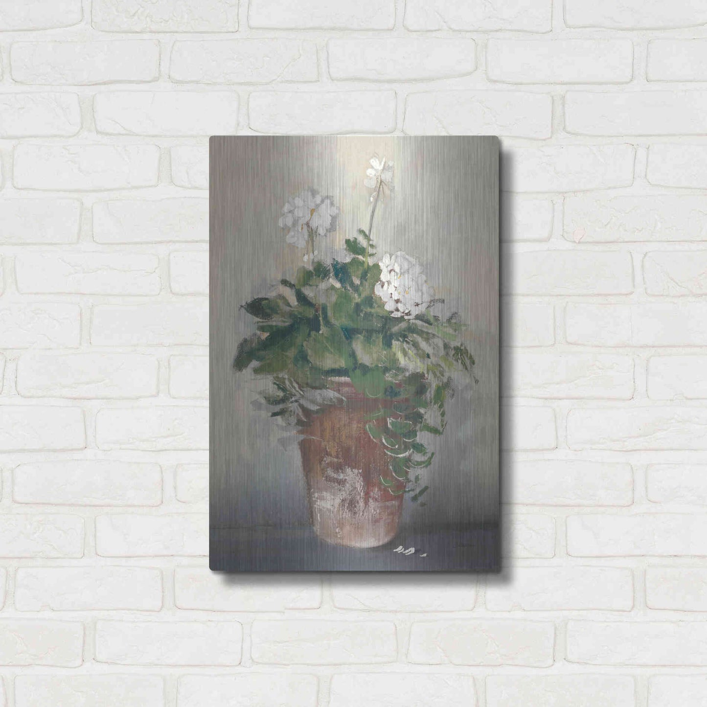 Luxe Metal Art 'Pot Of White Geraniums' by Carol Rowan, Metal Wall Art,16x24