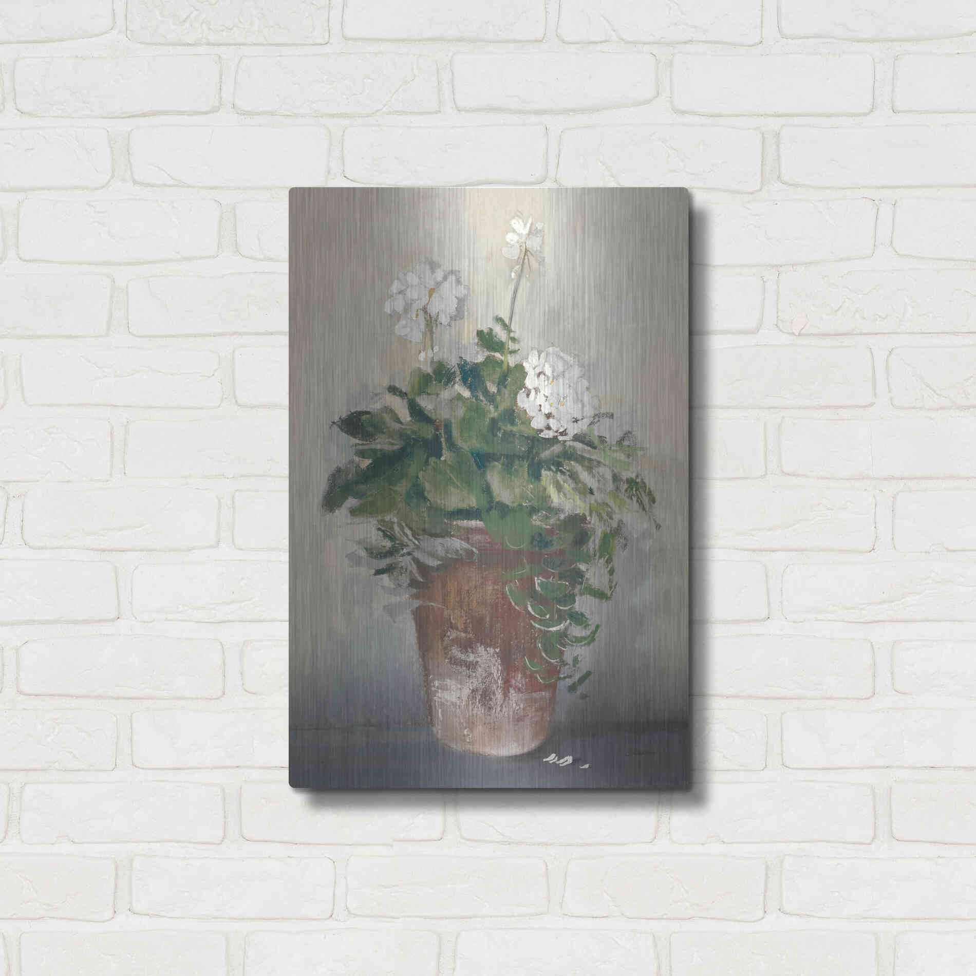 Luxe Metal Art 'Pot Of White Geraniums' by Carol Rowan, Metal Wall Art,16x24