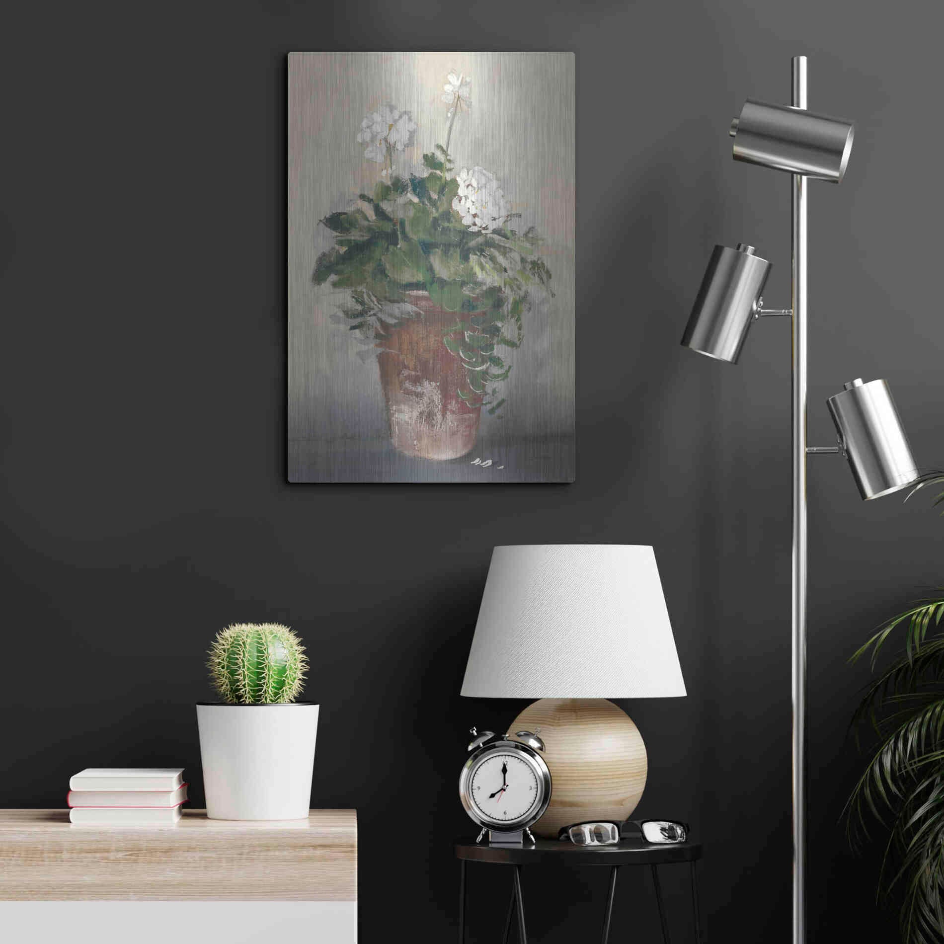 Luxe Metal Art 'Pot Of White Geraniums' by Carol Rowan, Metal Wall Art,16x24