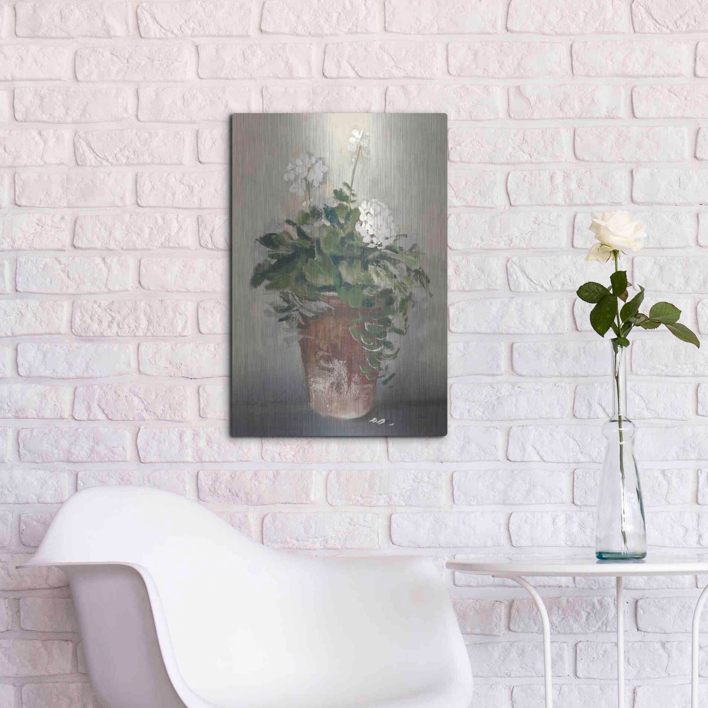 Luxe Metal Art 'Pot Of White Geraniums' by Carol Rowan, Metal Wall Art,16x24