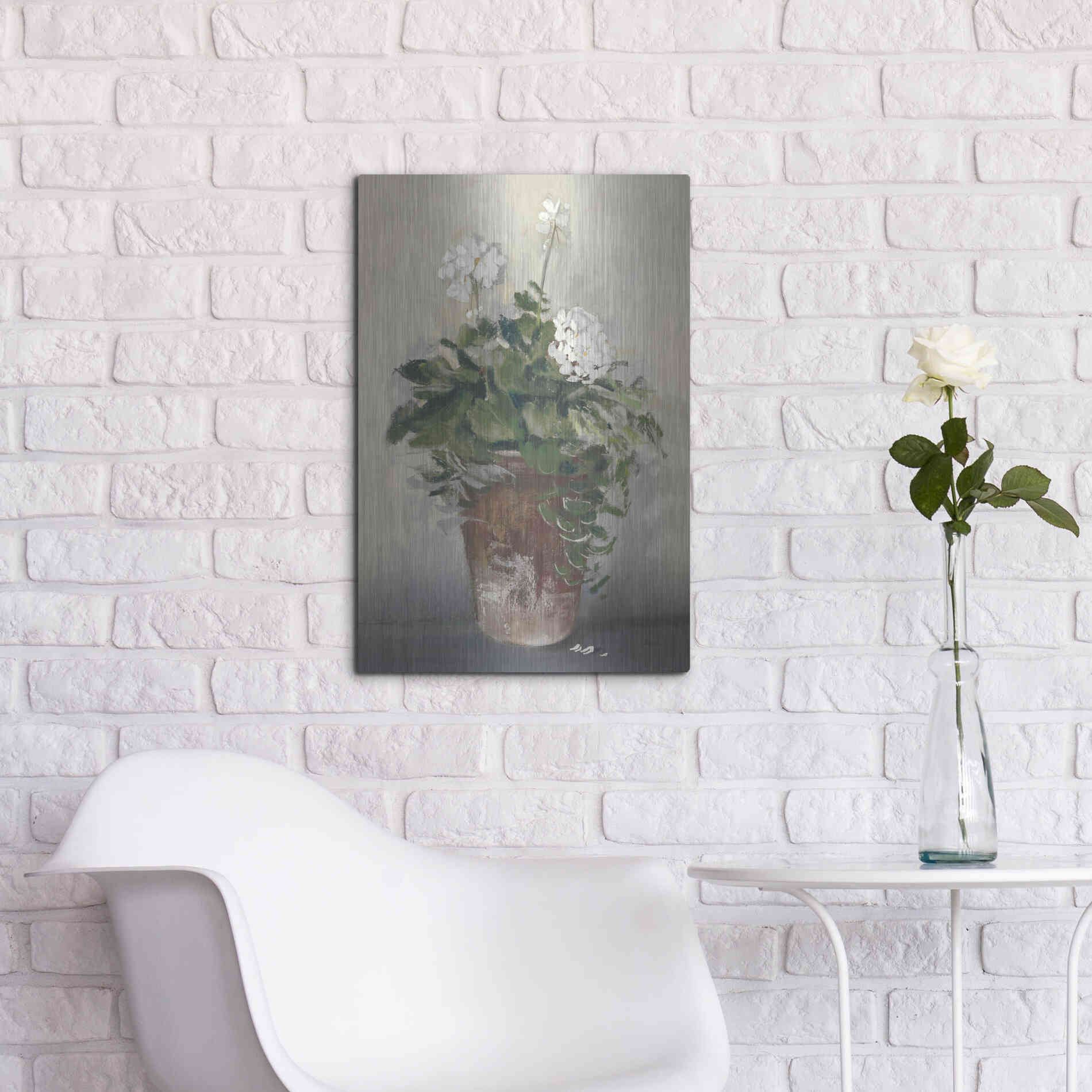 Luxe Metal Art 'Pot Of White Geraniums' by Carol Rowan, Metal Wall Art,16x24