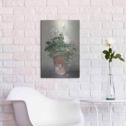 Luxe Metal Art 'Pot Of White Geraniums' by Carol Rowan, Metal Wall Art,16x24