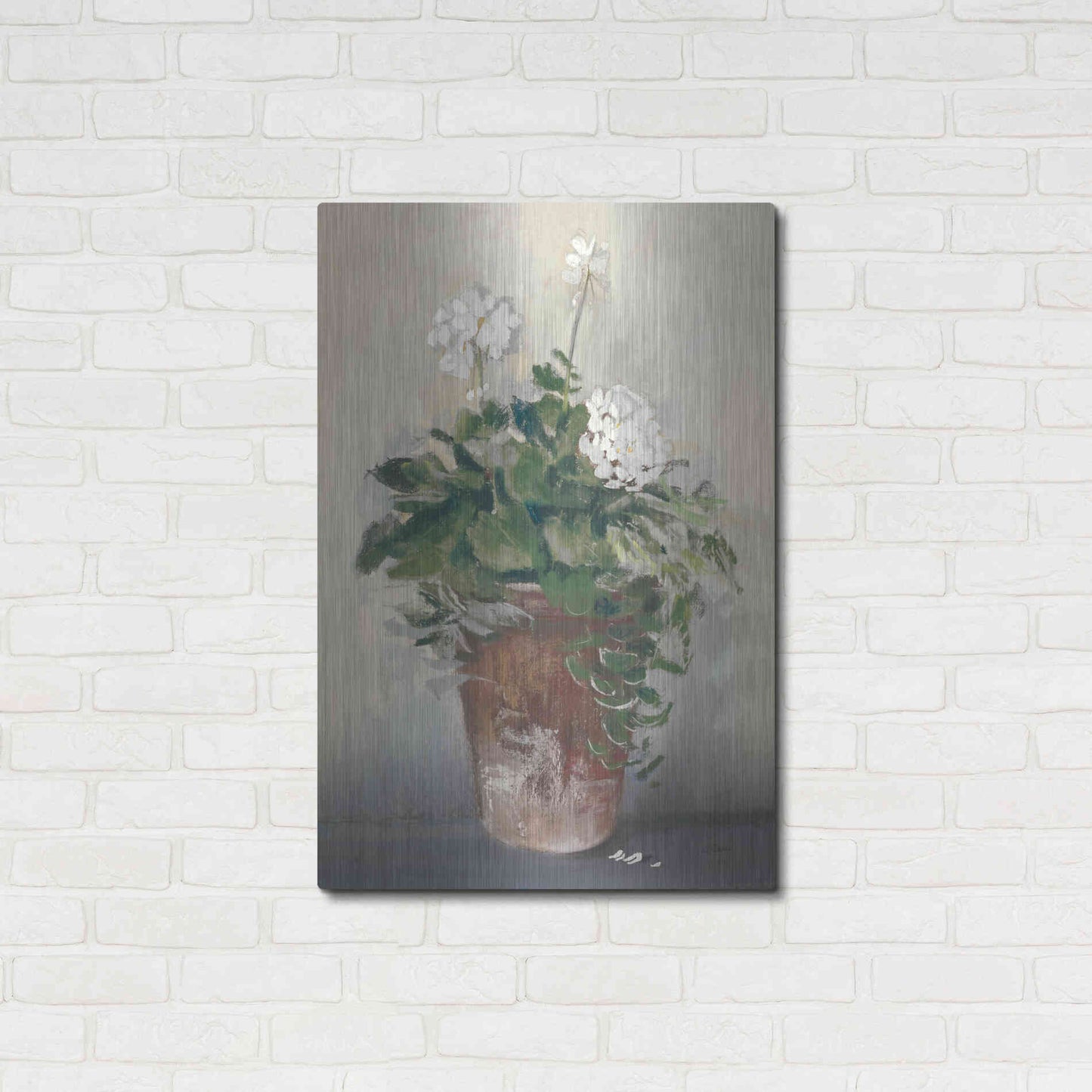 Luxe Metal Art 'Pot Of White Geraniums' by Carol Rowan, Metal Wall Art,24x36