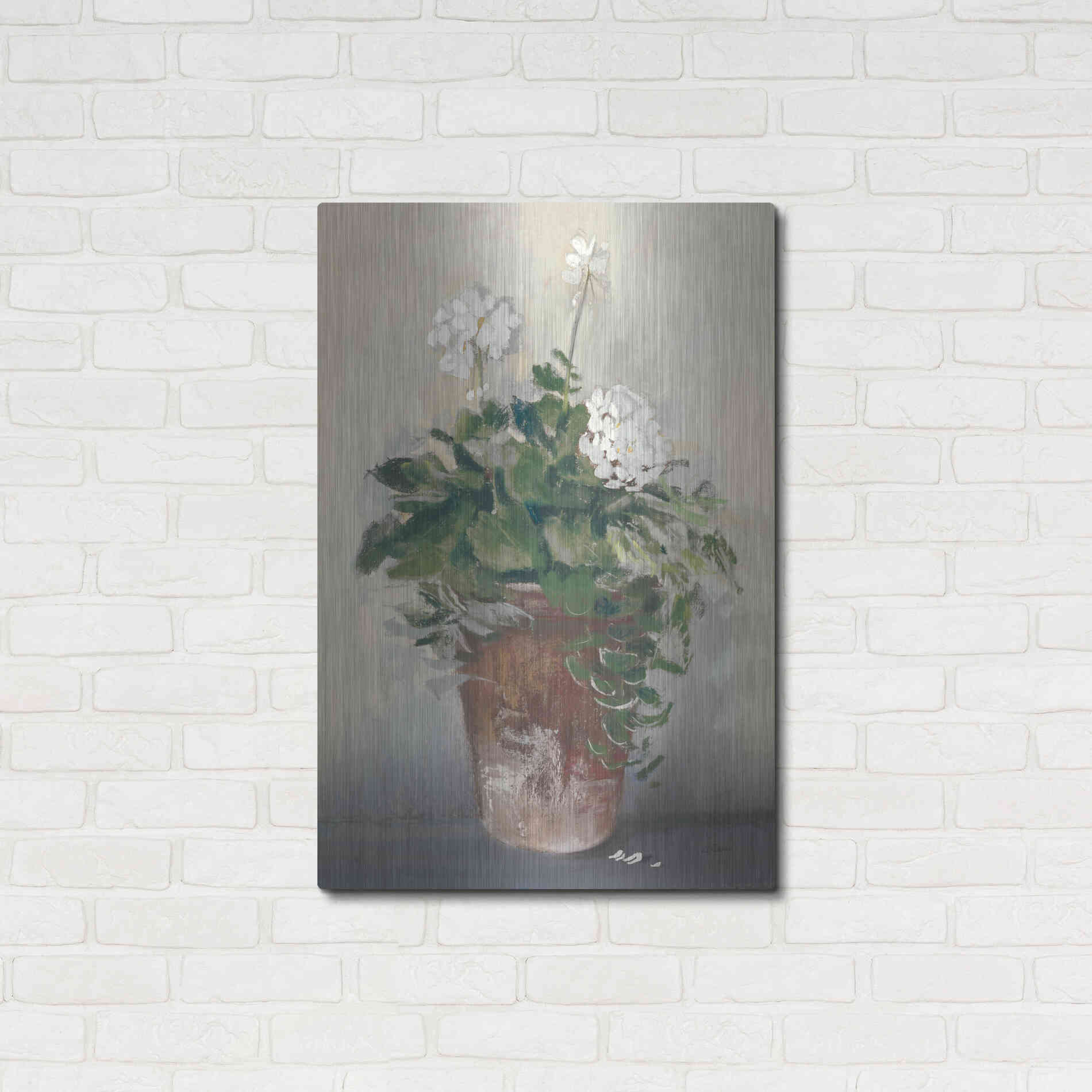 Luxe Metal Art 'Pot Of White Geraniums' by Carol Rowan, Metal Wall Art,24x36