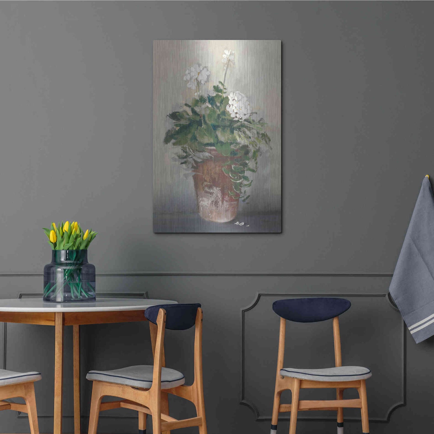 Luxe Metal Art 'Pot Of White Geraniums' by Carol Rowan, Metal Wall Art,24x36