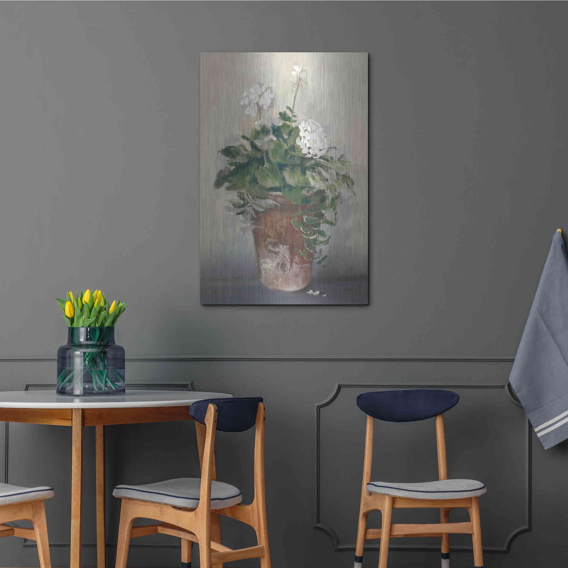 Luxe Metal Art 'Pot Of White Geraniums' by Carol Rowan, Metal Wall Art,24x36