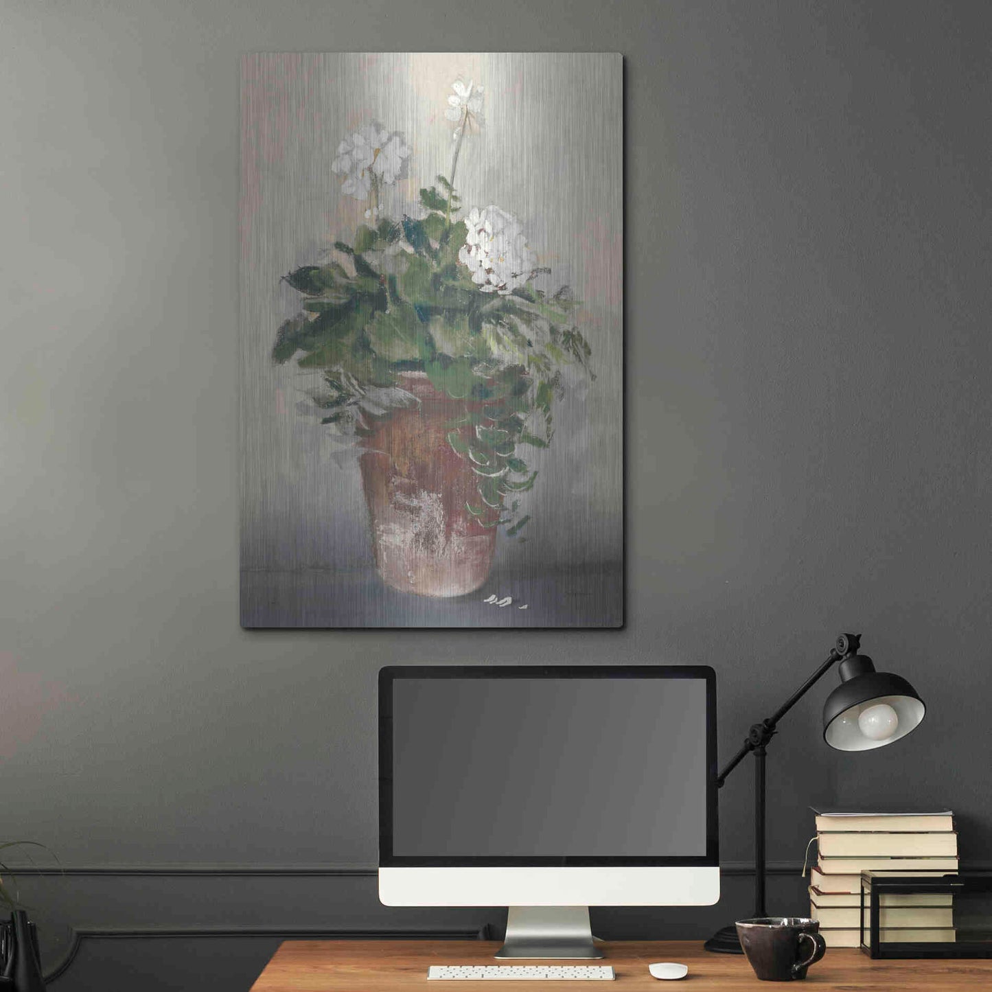 Luxe Metal Art 'Pot Of White Geraniums' by Carol Rowan, Metal Wall Art,24x36