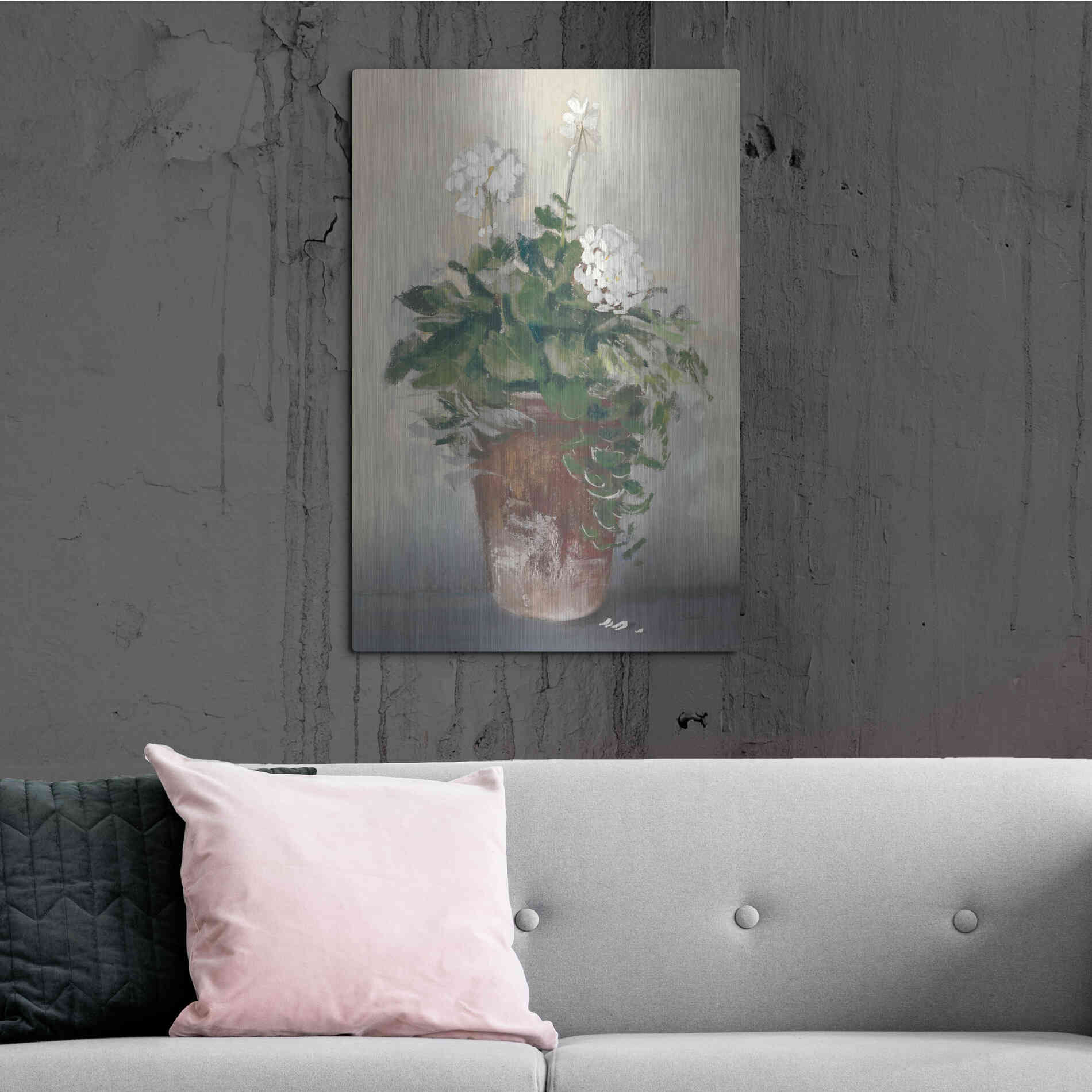 Luxe Metal Art 'Pot Of White Geraniums' by Carol Rowan, Metal Wall Art,24x36