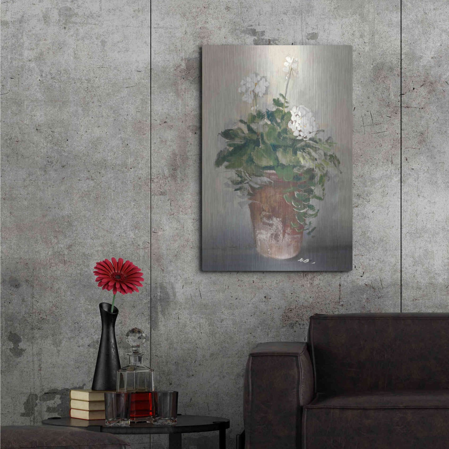 Luxe Metal Art 'Pot Of White Geraniums' by Carol Rowan, Metal Wall Art,24x36
