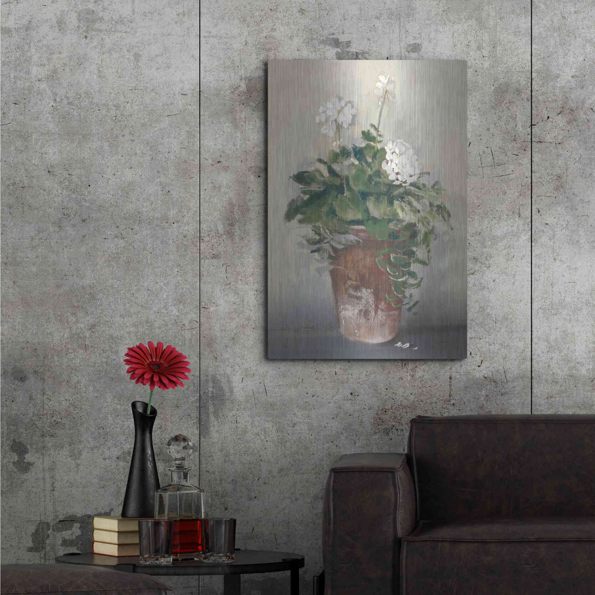 Luxe Metal Art 'Pot Of White Geraniums' by Carol Rowan, Metal Wall Art,24x36