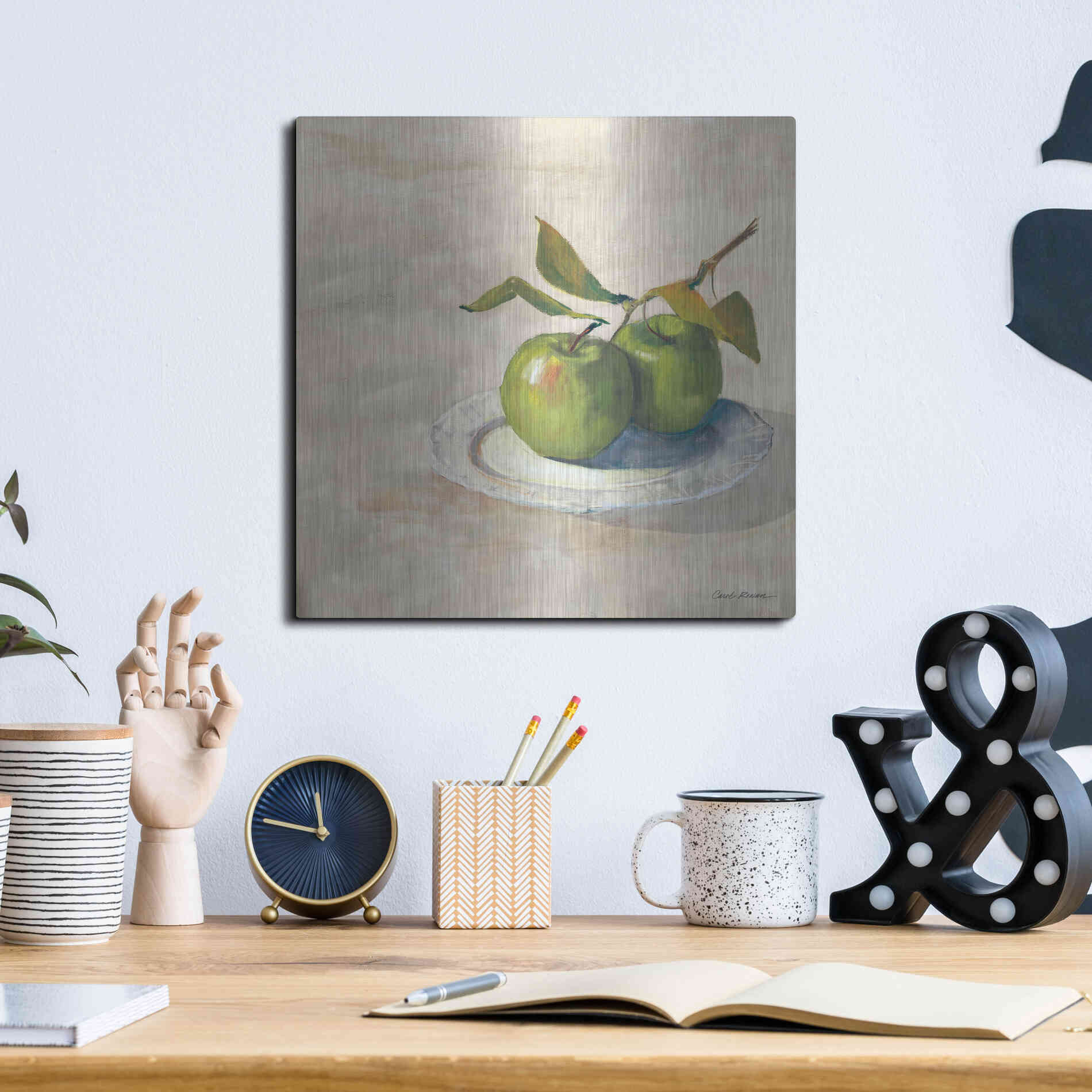 Luxe Metal Art 'Green Apple I Neutral' by Carol Rowan, Metal Wall Art,12x12