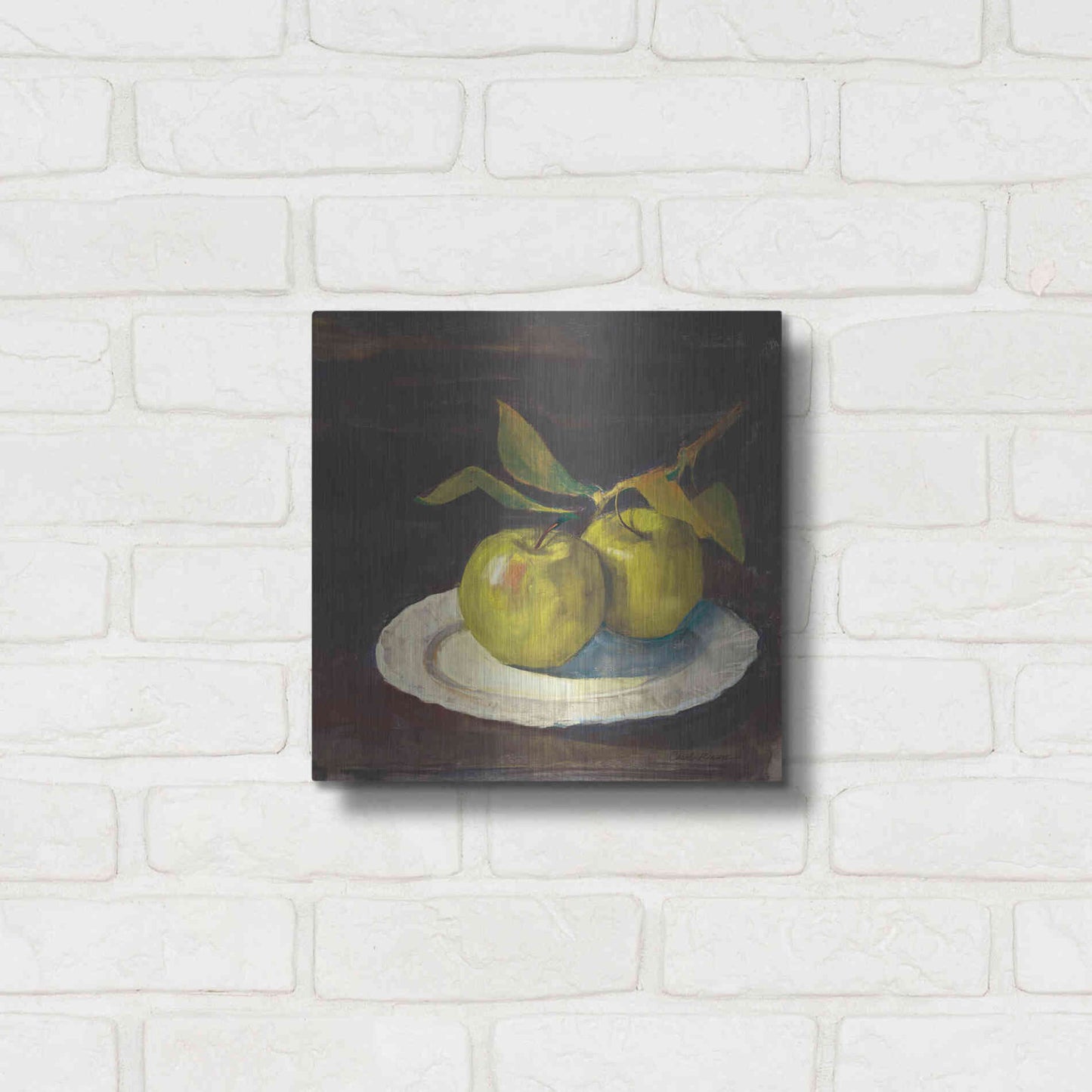 Luxe Metal Art 'Green Apple I Dark Brown' by Carol Rowan, Metal Wall Art,12x12