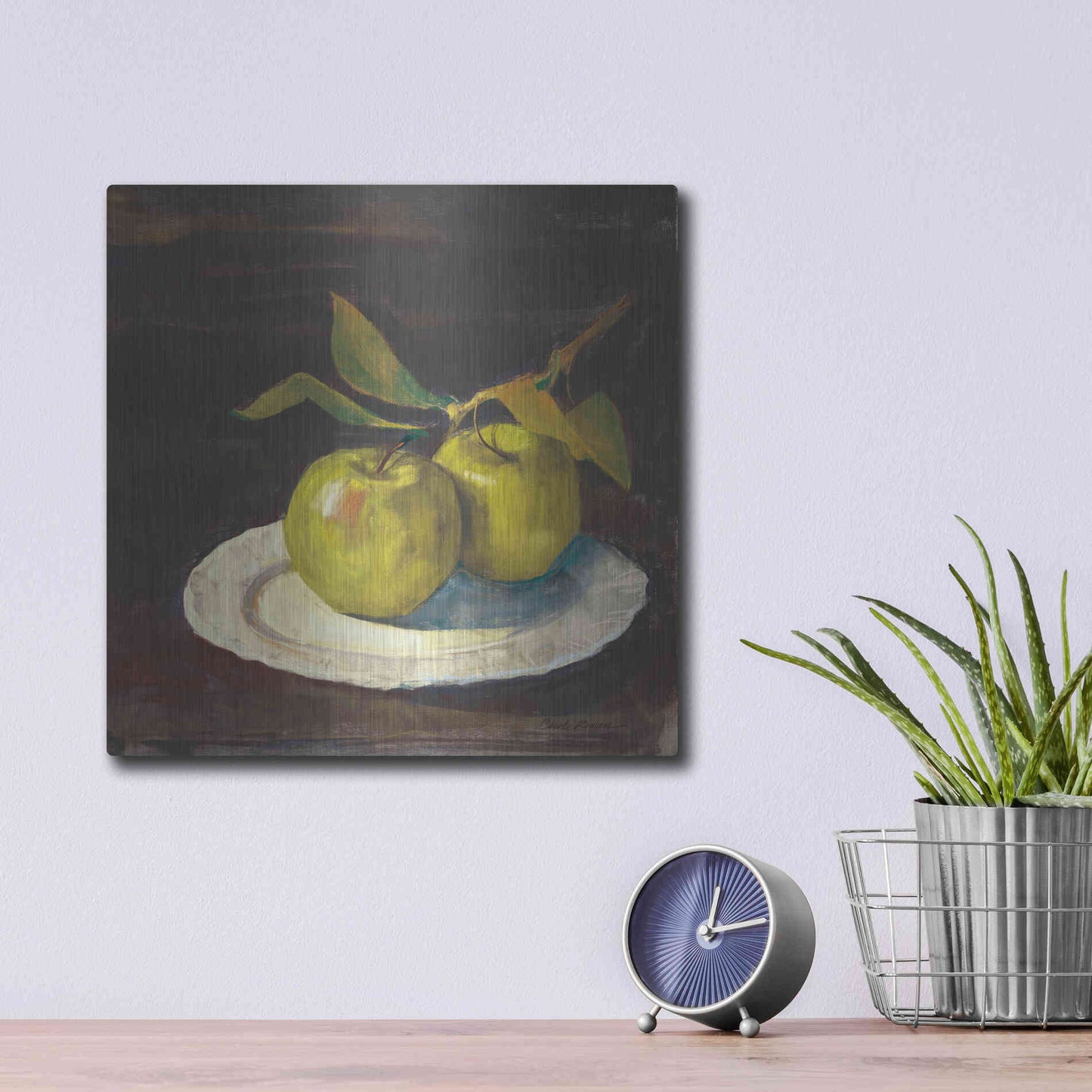 Luxe Metal Art 'Green Apple I Dark Brown' by Carol Rowan, Metal Wall Art,12x12