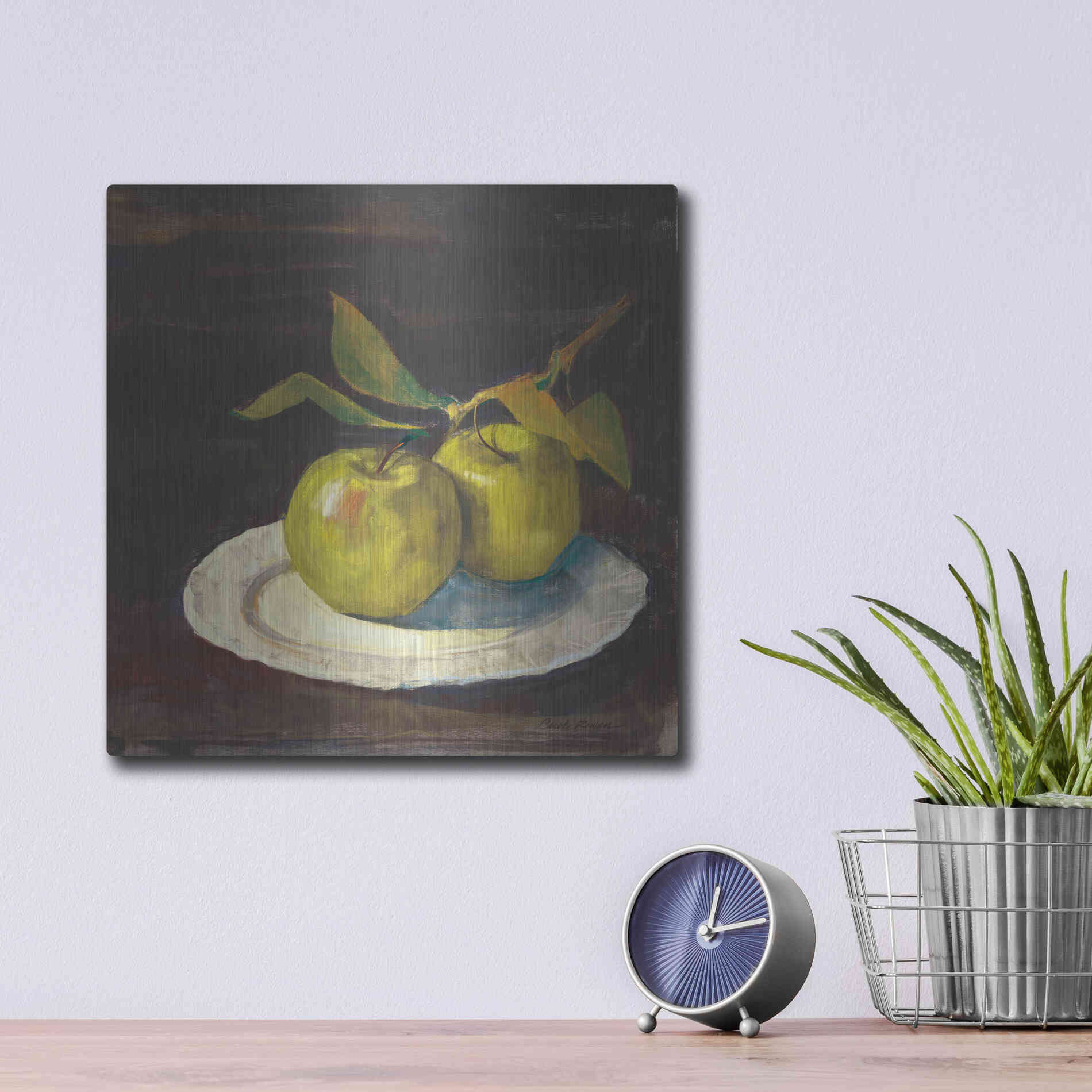 Luxe Metal Art 'Green Apple I Dark Brown' by Carol Rowan, Metal Wall Art,12x12