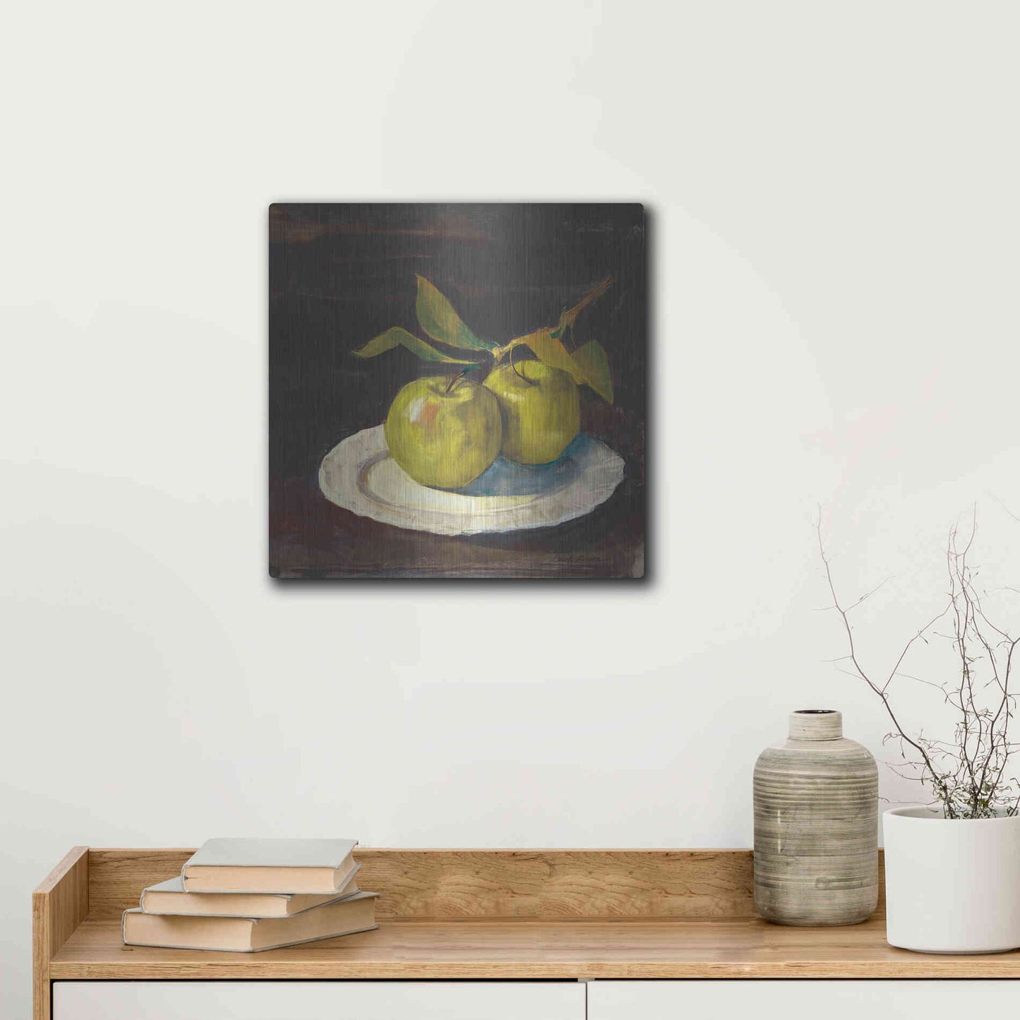Luxe Metal Art 'Green Apple I Dark Brown' by Carol Rowan, Metal Wall Art,12x12
