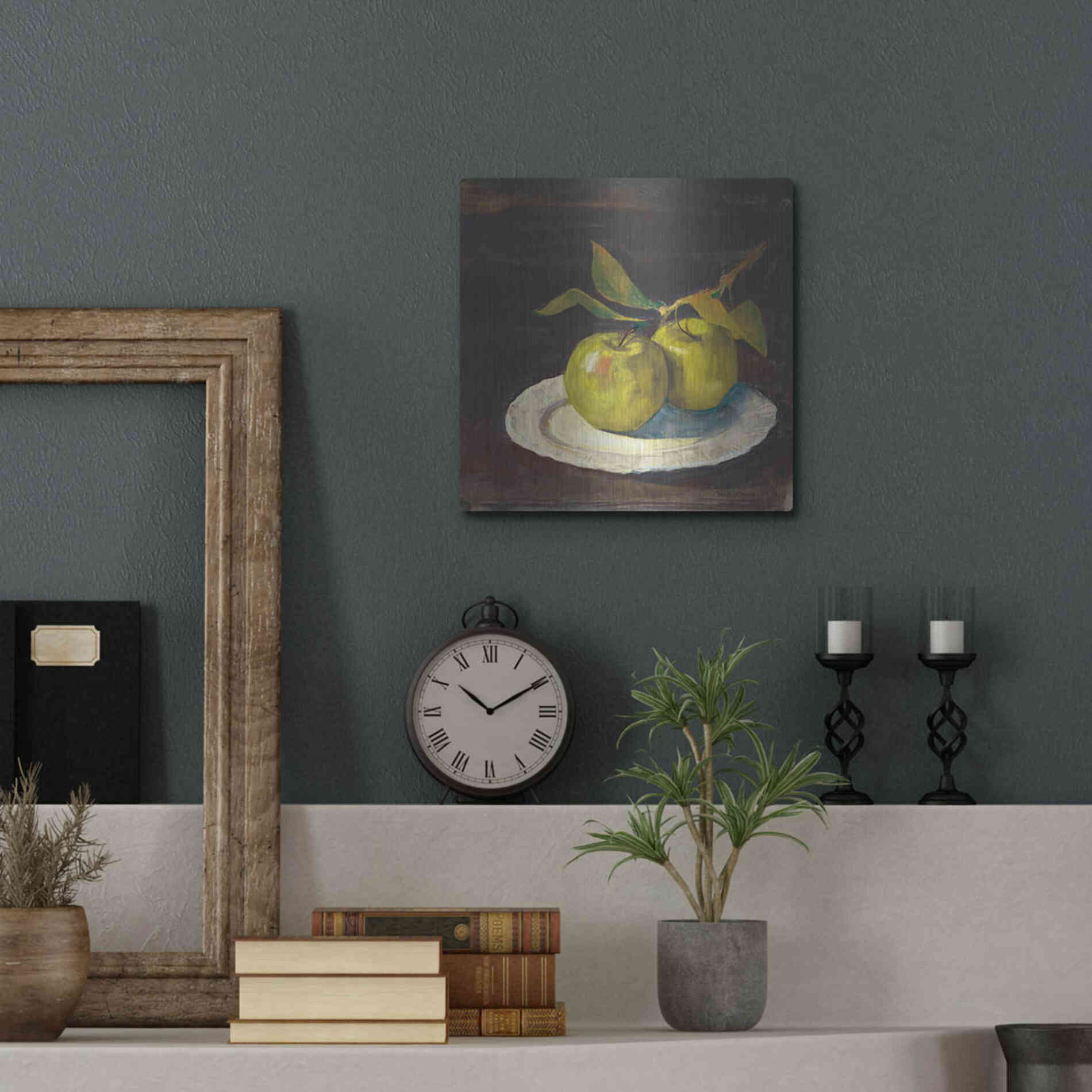 Luxe Metal Art 'Green Apple I Dark Brown' by Carol Rowan, Metal Wall Art,12x12
