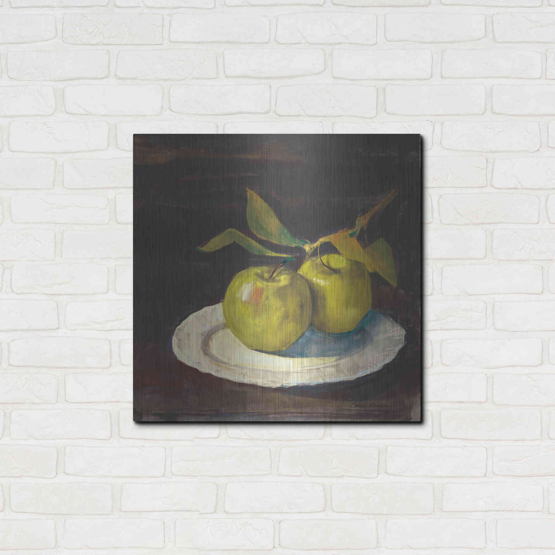Luxe Metal Art 'Green Apple I Dark Brown' by Carol Rowan, Metal Wall Art,24x24