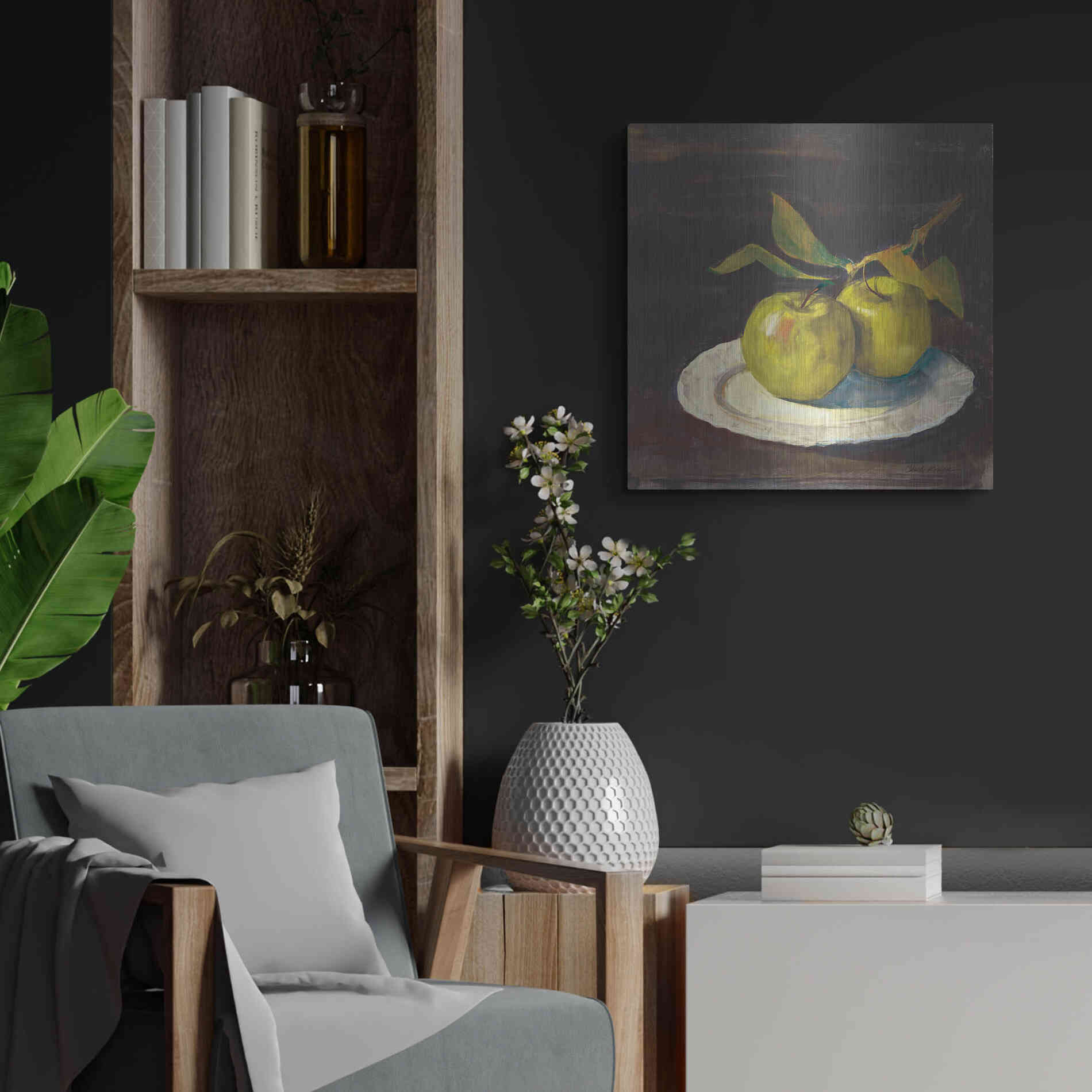 Luxe Metal Art 'Green Apple I Dark Brown' by Carol Rowan, Metal Wall Art,24x24