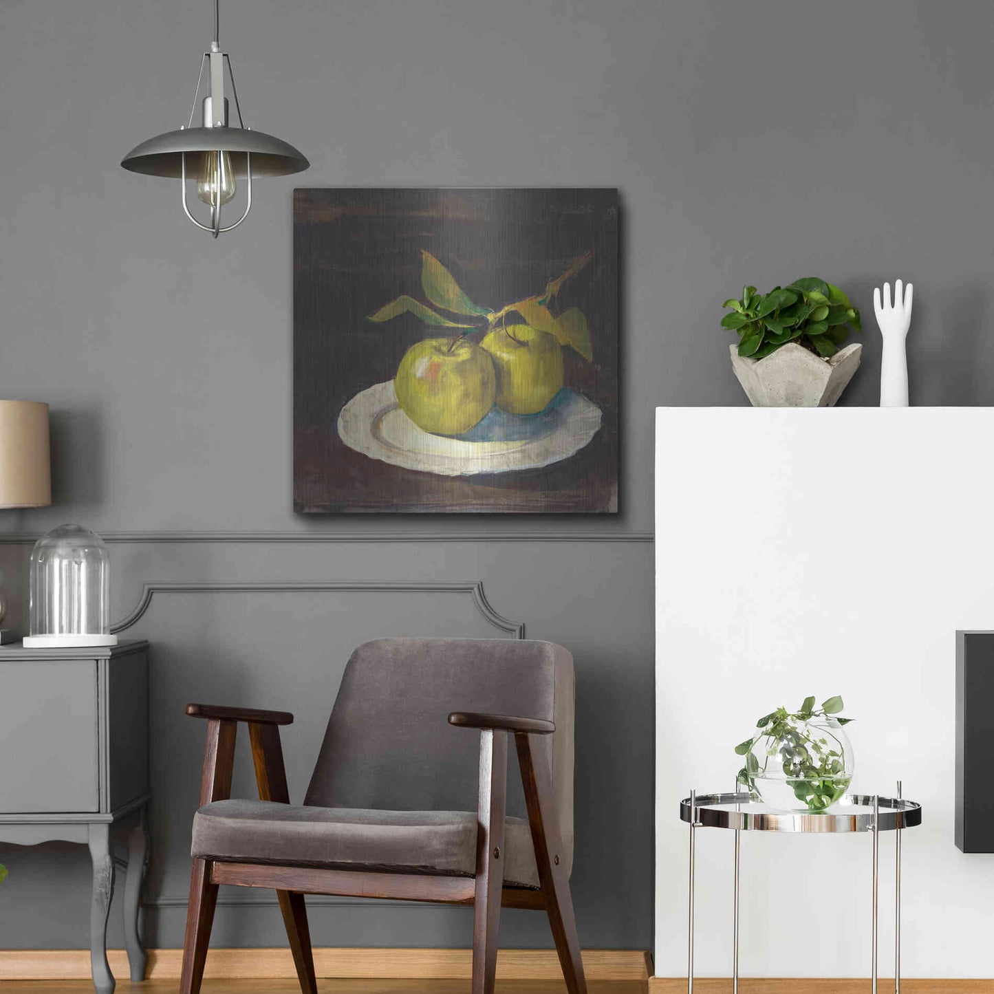 Luxe Metal Art 'Green Apple I Dark Brown' by Carol Rowan, Metal Wall Art,24x24