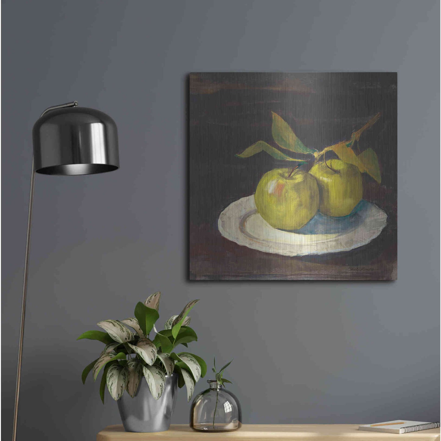 Luxe Metal Art 'Green Apple I Dark Brown' by Carol Rowan, Metal Wall Art,24x24