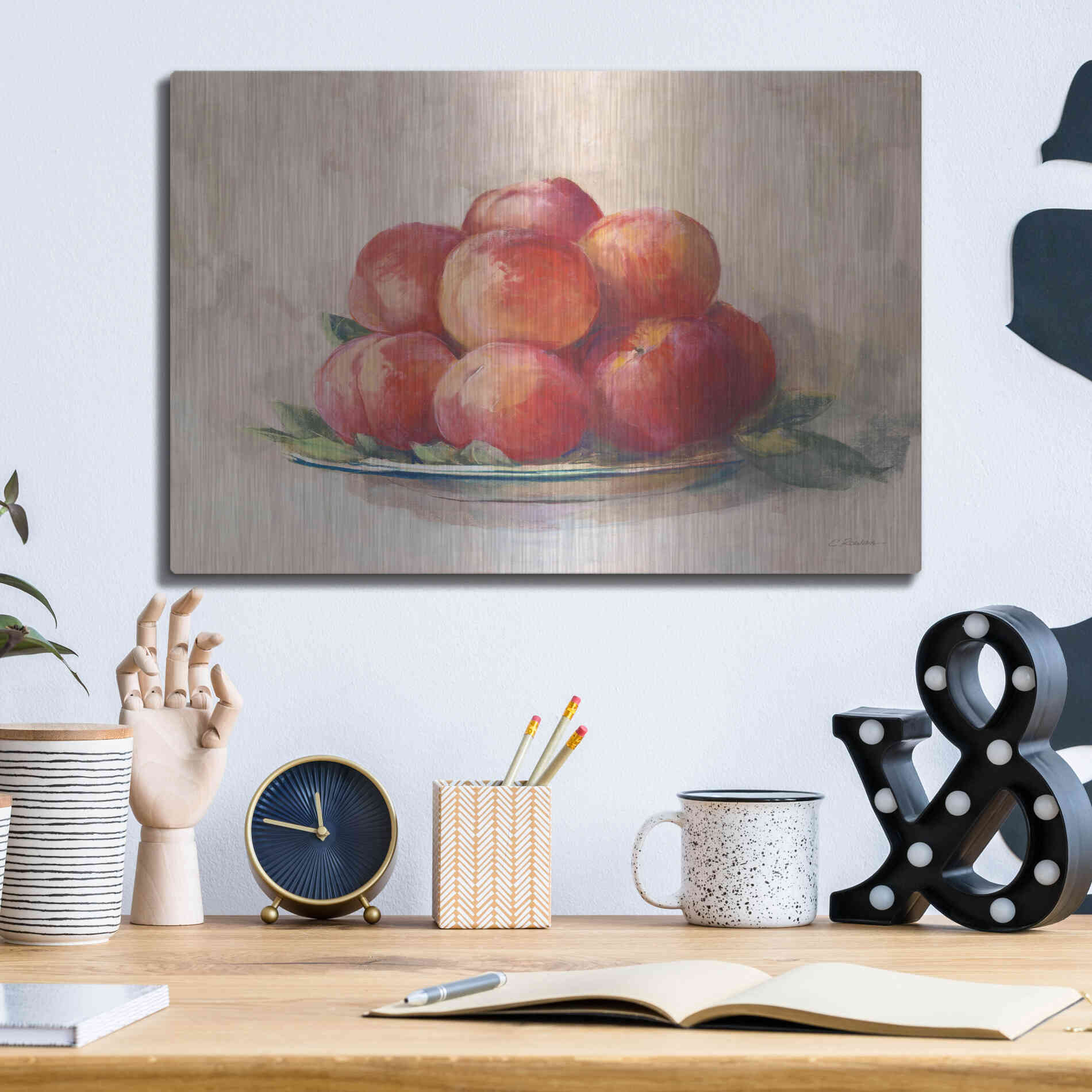 Luxe Metal Art 'Ripe Peaches' by Carol Rowan, Metal Wall Art,16x12