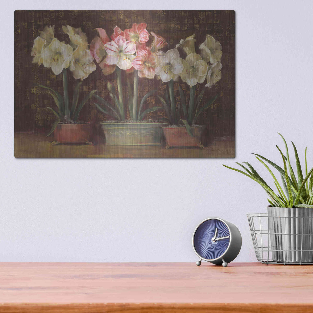 Luxe Metal Art 'Amaryllis On Brown' by Carol Rowan, Metal Wall Art,16x12