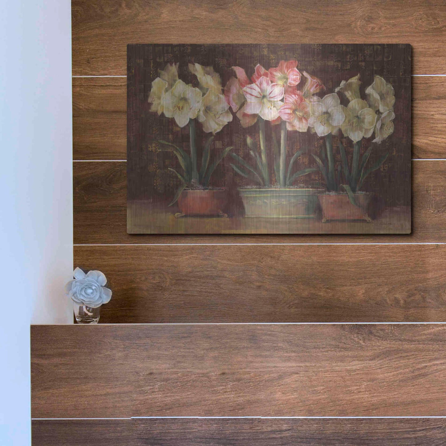 Luxe Metal Art 'Amaryllis On Brown' by Carol Rowan, Metal Wall Art,16x12